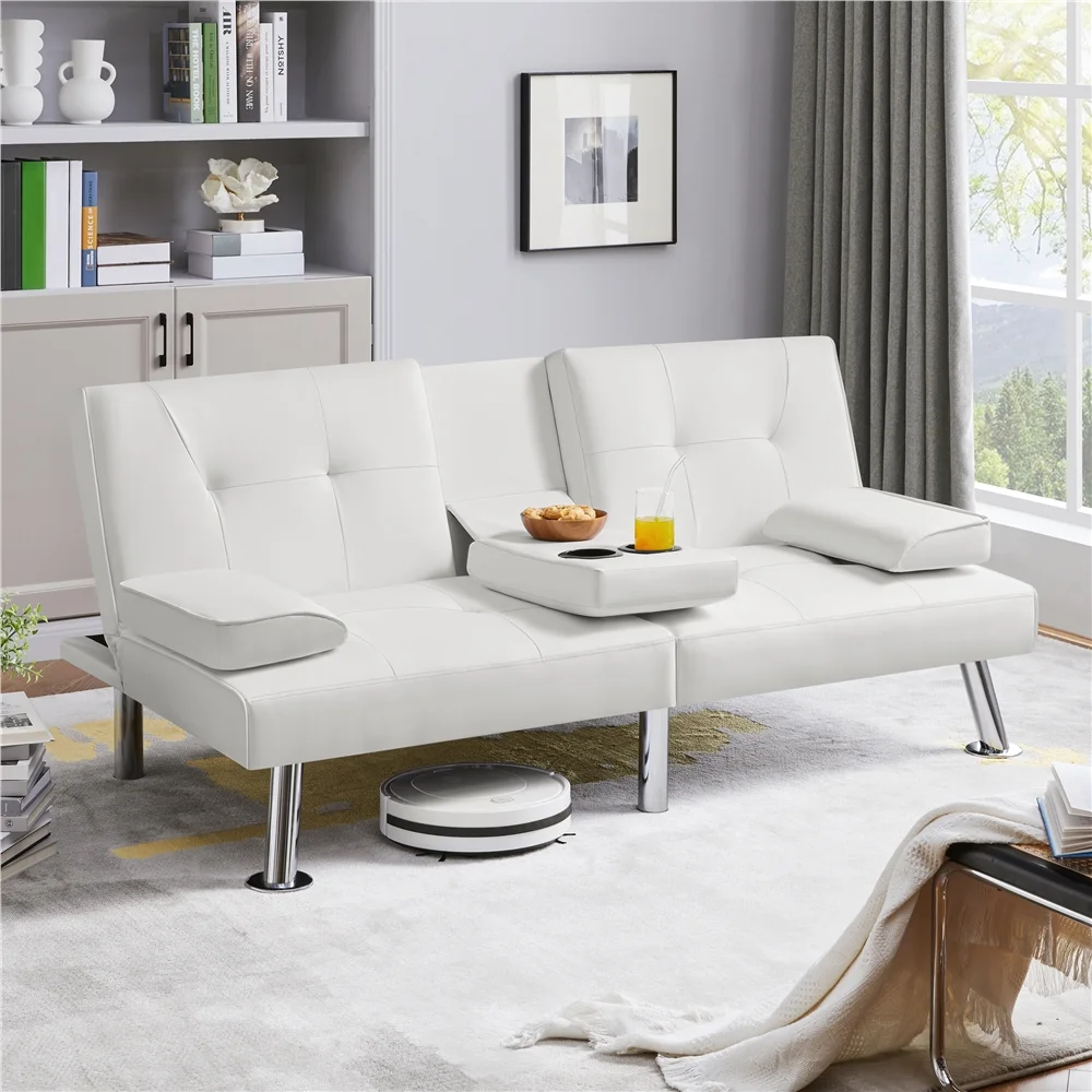 Easyfashion Modern Faux Leather Futon Sofa Bed Convertible Folding Couch with Cup Holders,White