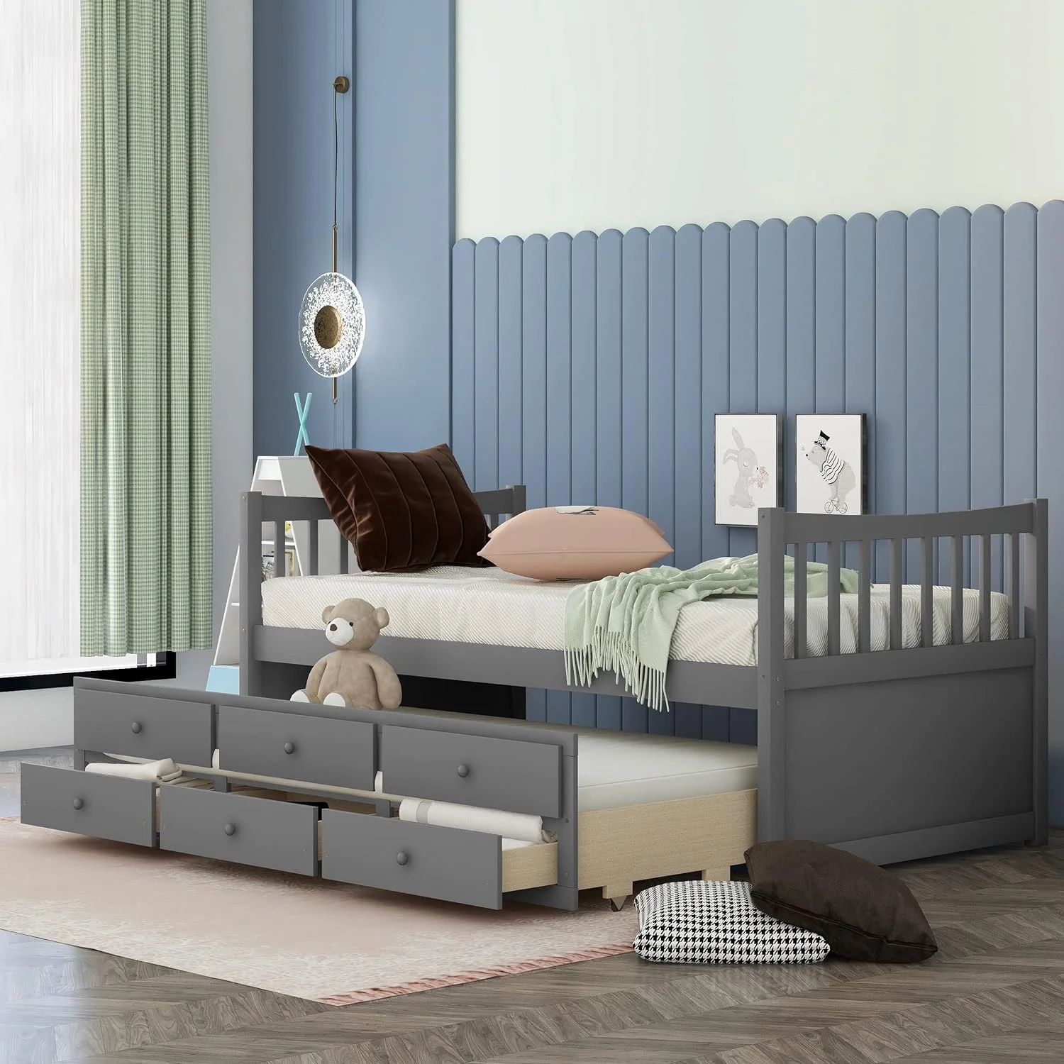 Daybed With Trundle And Storage Drawers,Wood Captains Bed, Trundle Daybed With Storage For Kids Teens Or Adults (,Gray)