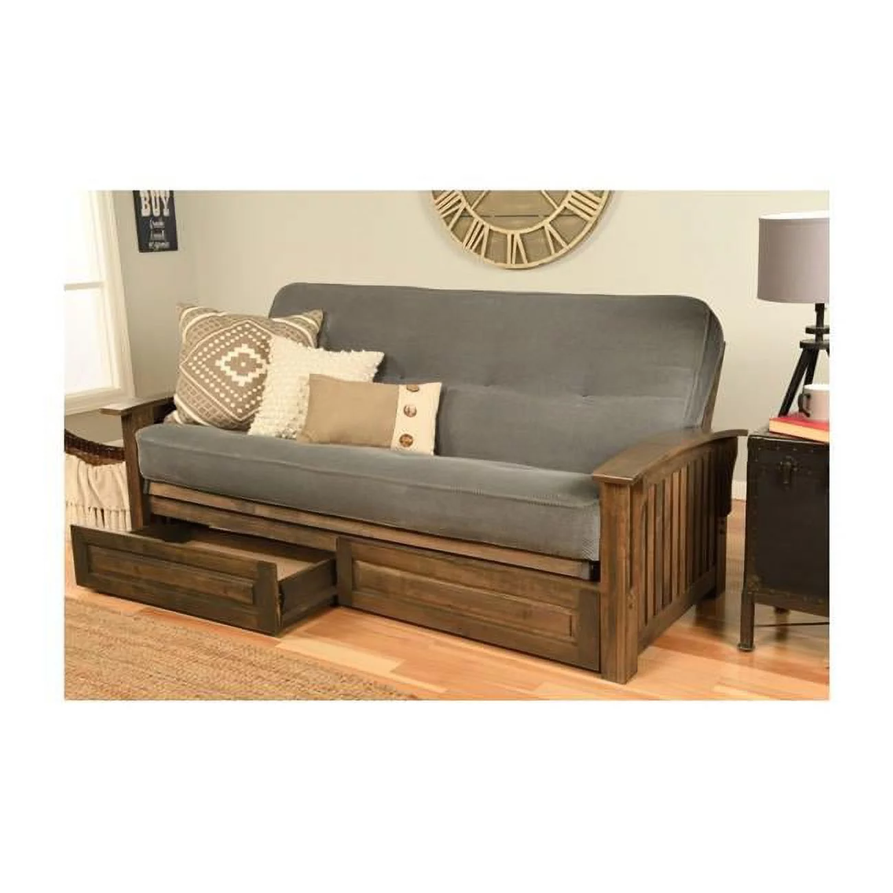 Washington Rustic Walnut Futon Frame with Marmont Thunder Mattress & Storage Drawers - Full Size