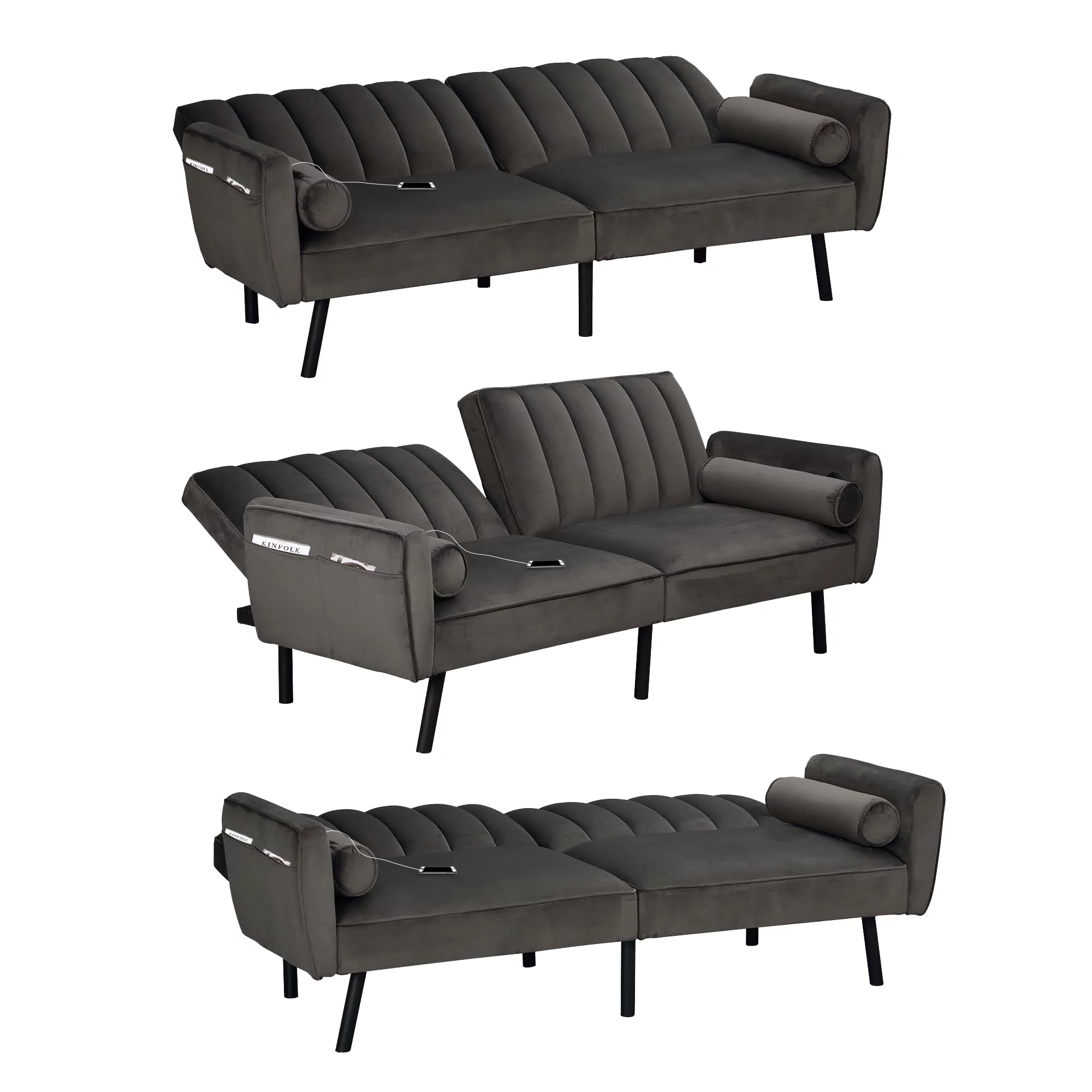 Duraspace Futon Sofa Bed Couch with Usb Side Pocket Adjustable Back for Living room, Charcoal Gray