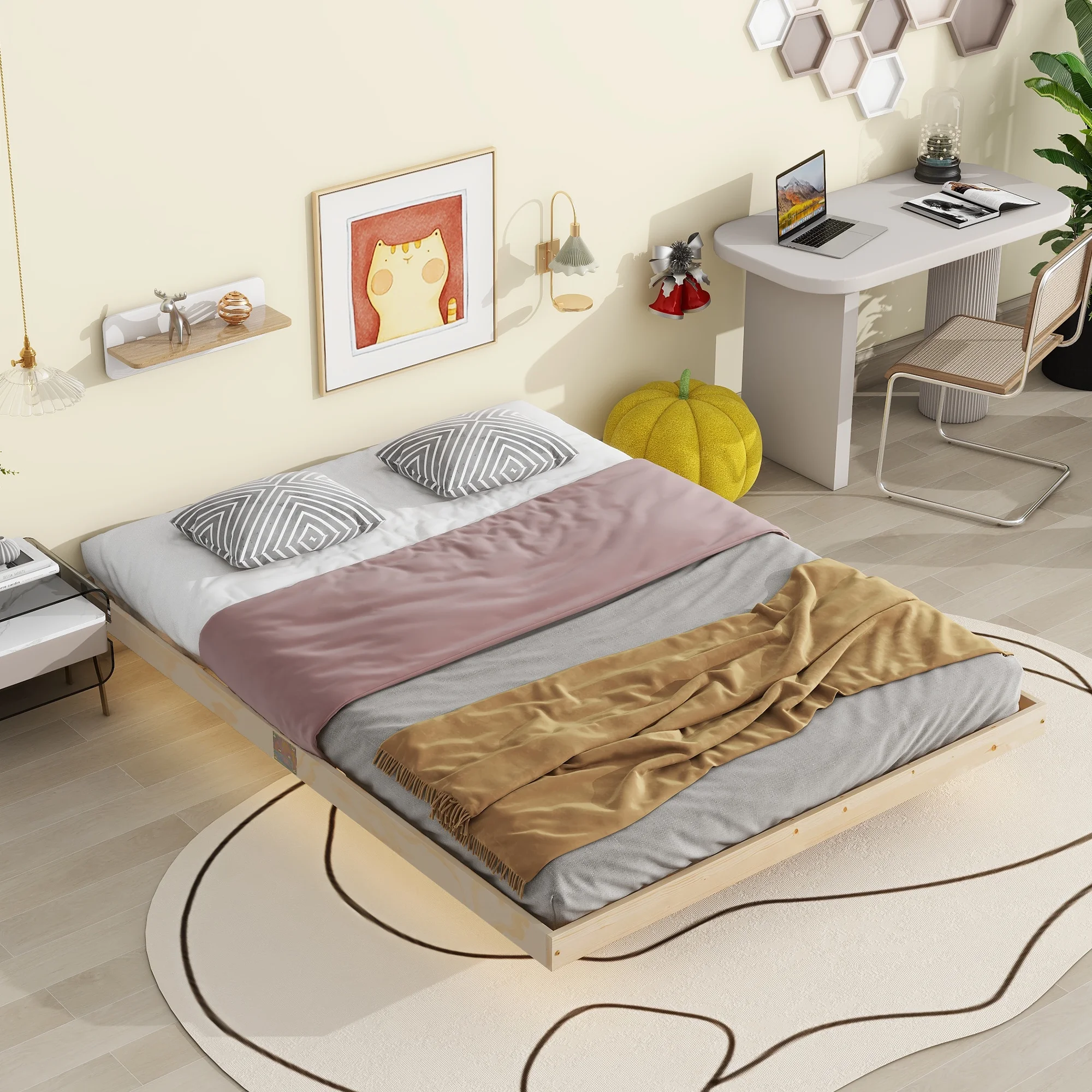 Natural Queen Size Floating Bed with Ambient LED Underlighting - Sleek Low Profile Design