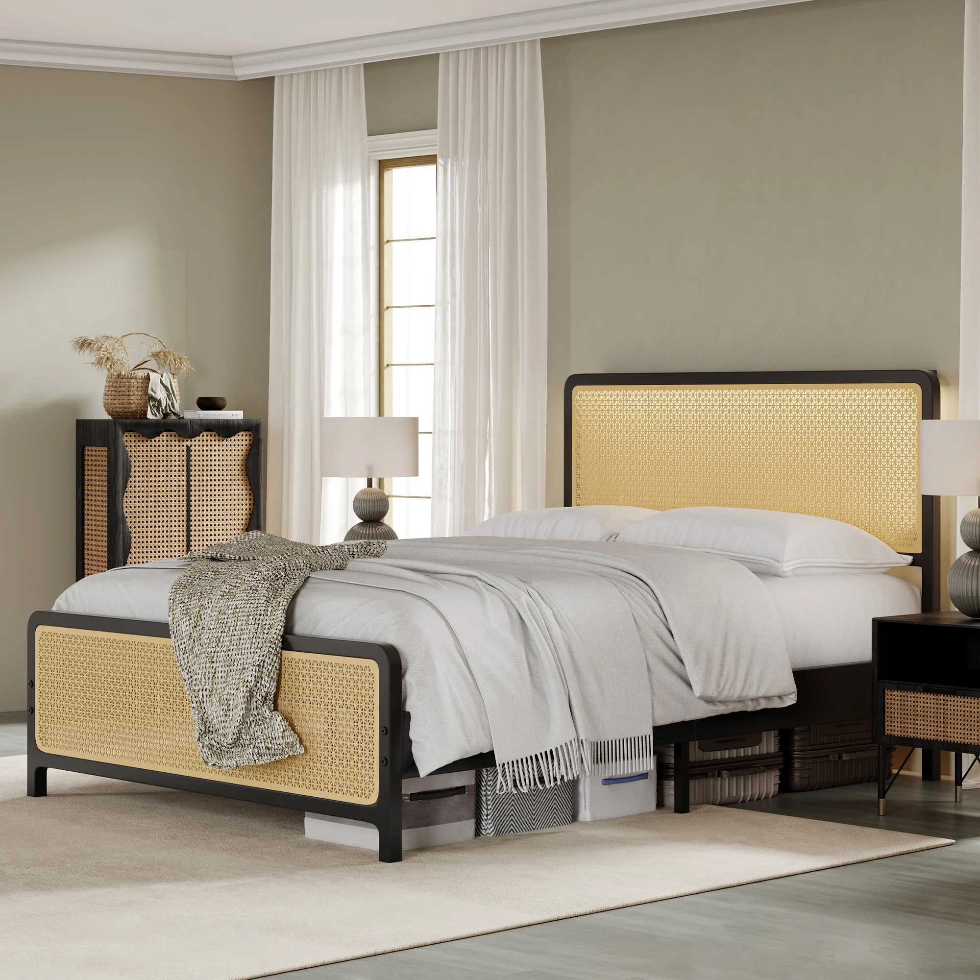 AMERLIFE Full Size Bed Frame with Metal Rattan Headboard and Footboard, Full Platform Bed Frame with LED Lighted Headboard, No Box Spring Needed/Noise Free/Black