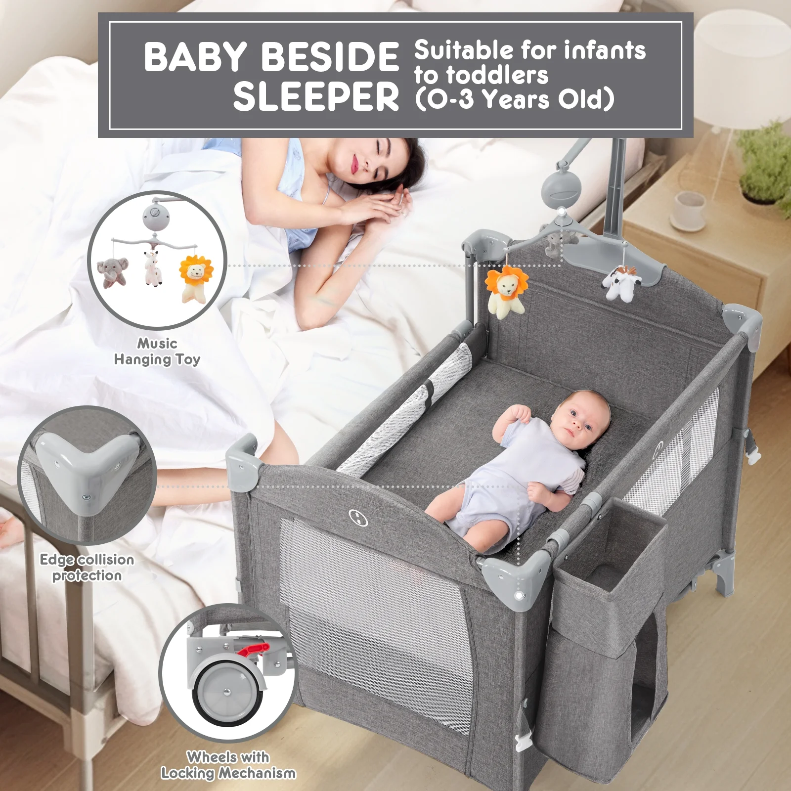 HARPPA 5 in 1 Portable Nursery Center Playards and Bassinet for Newborn to Toddler, Unisex, Gray