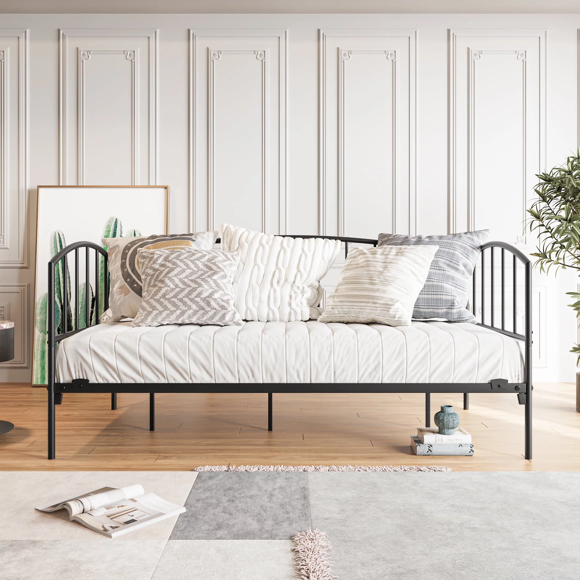 alemior Metal Daybed Frame Twin Size Heavy Duty Metal Slats Sofa Bed Platform Mattress Foundation Black