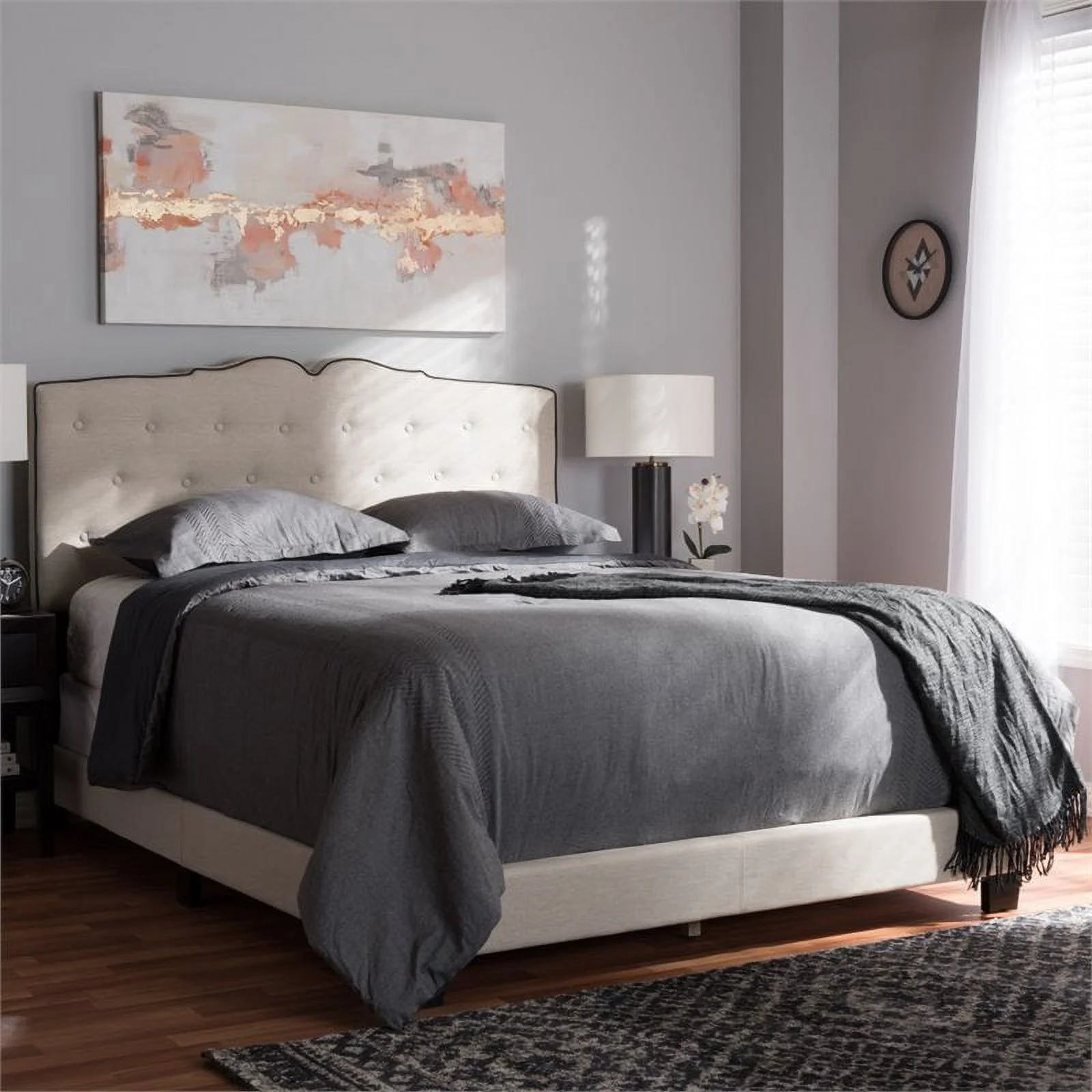 Bowery Hill Fabric Tufted King Bed in Light Beige