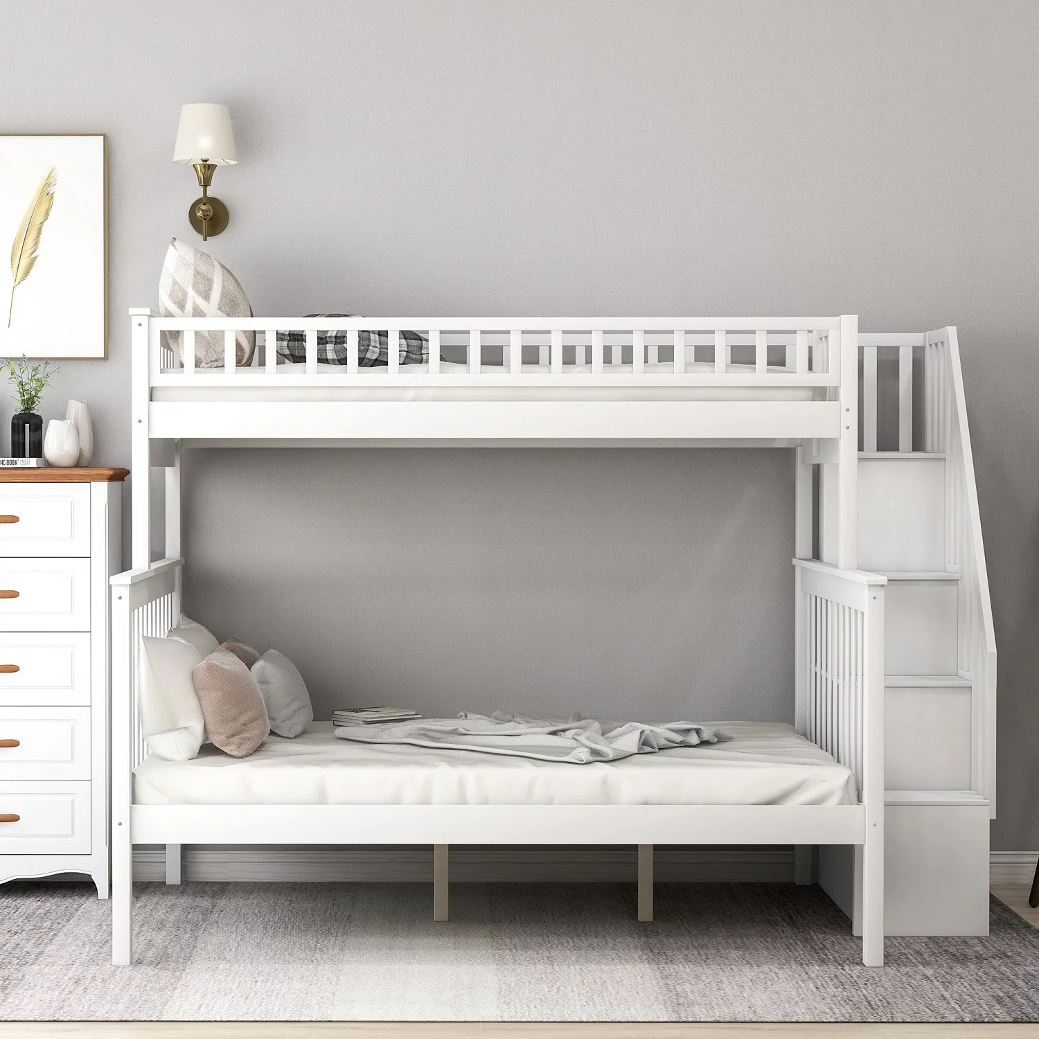 Stairway Bunk Beds Twin Over Full with Side Storage Shelves for Bedroom, Dorm, for Kids, Adults