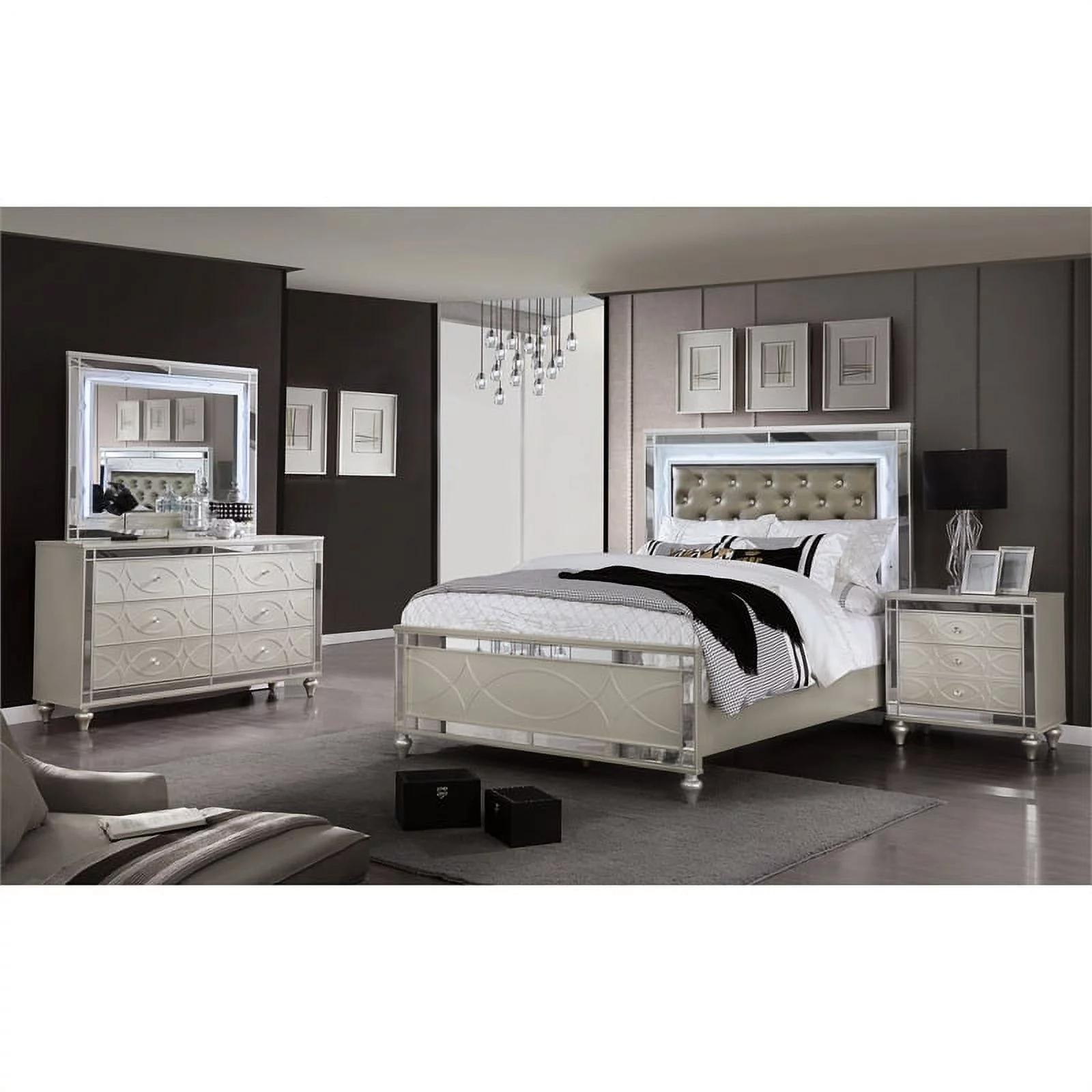 FOA Emegine 3-Piece Silver Wood Bedroom Set - Queen + Nightstand + Dresser