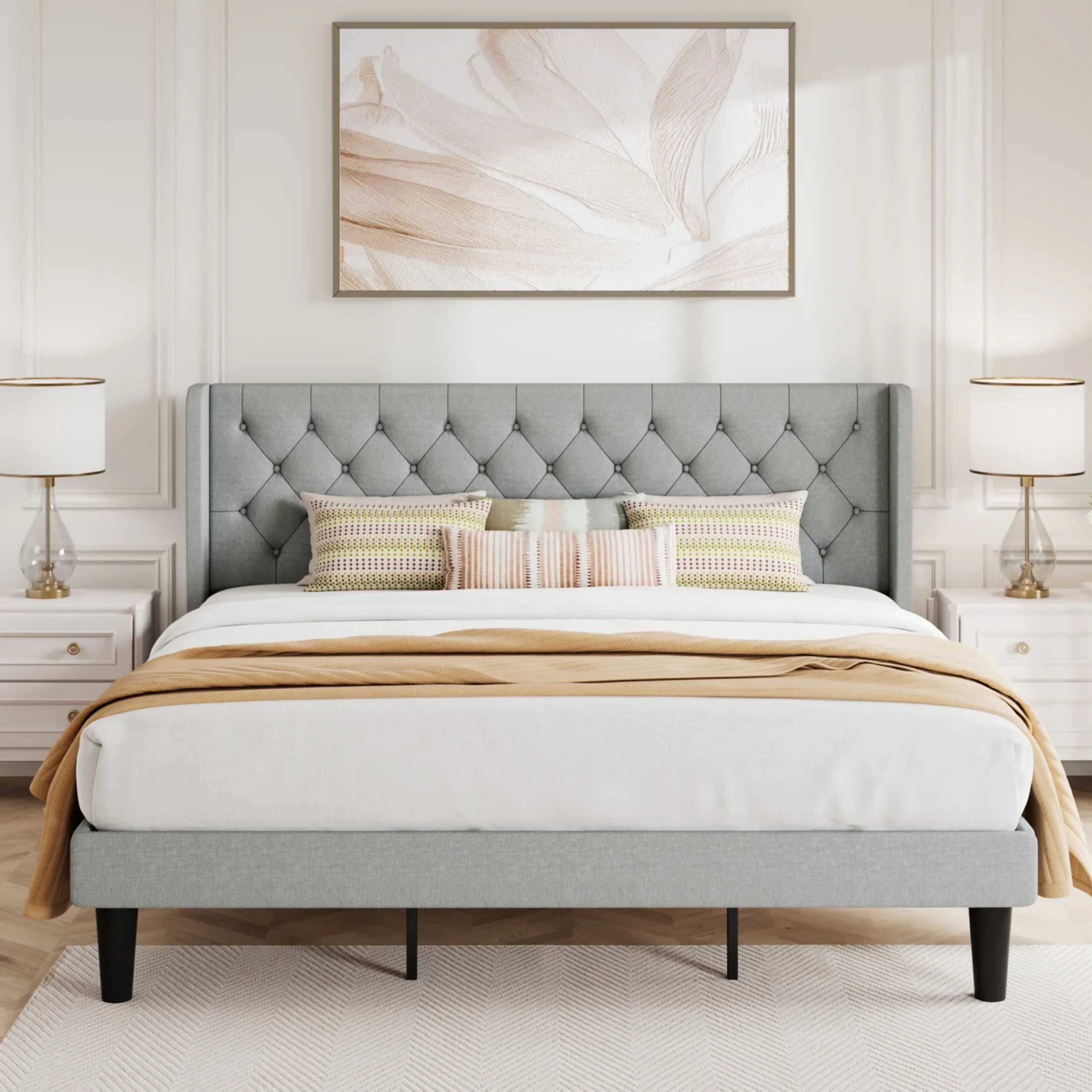 Amolife King Size Fabric Diamond Upholstered Platform Bed Frame with Deluxe Wingback, Light Grey