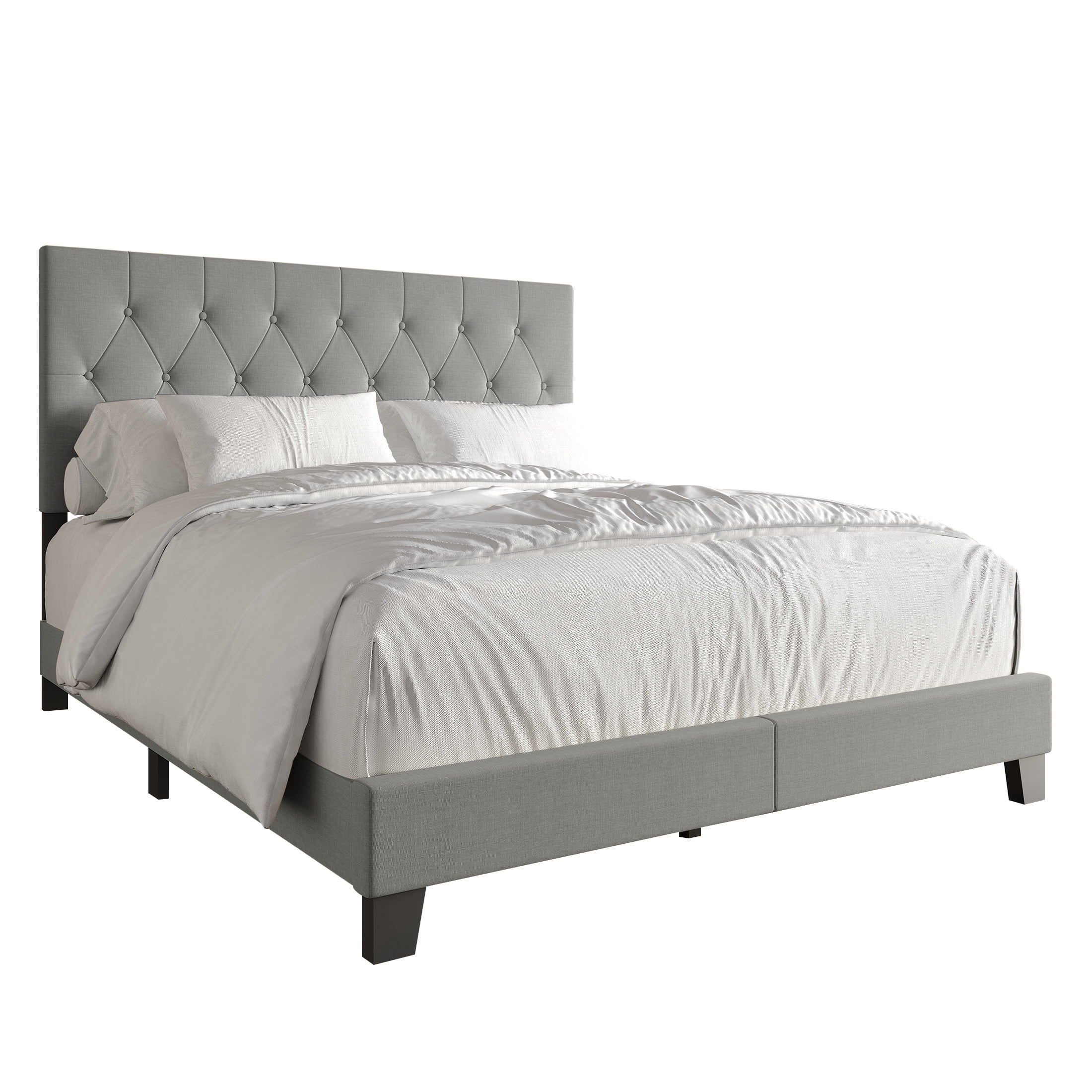 Castle Place Classic Button Tufted Linen Upholstered Bed, Light Grey, Queen