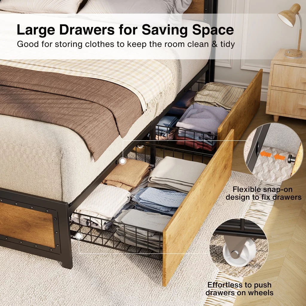Aiho Full Size Metal Bed Frame with Drawers and Headboard for Bedroom Clearance - Brown