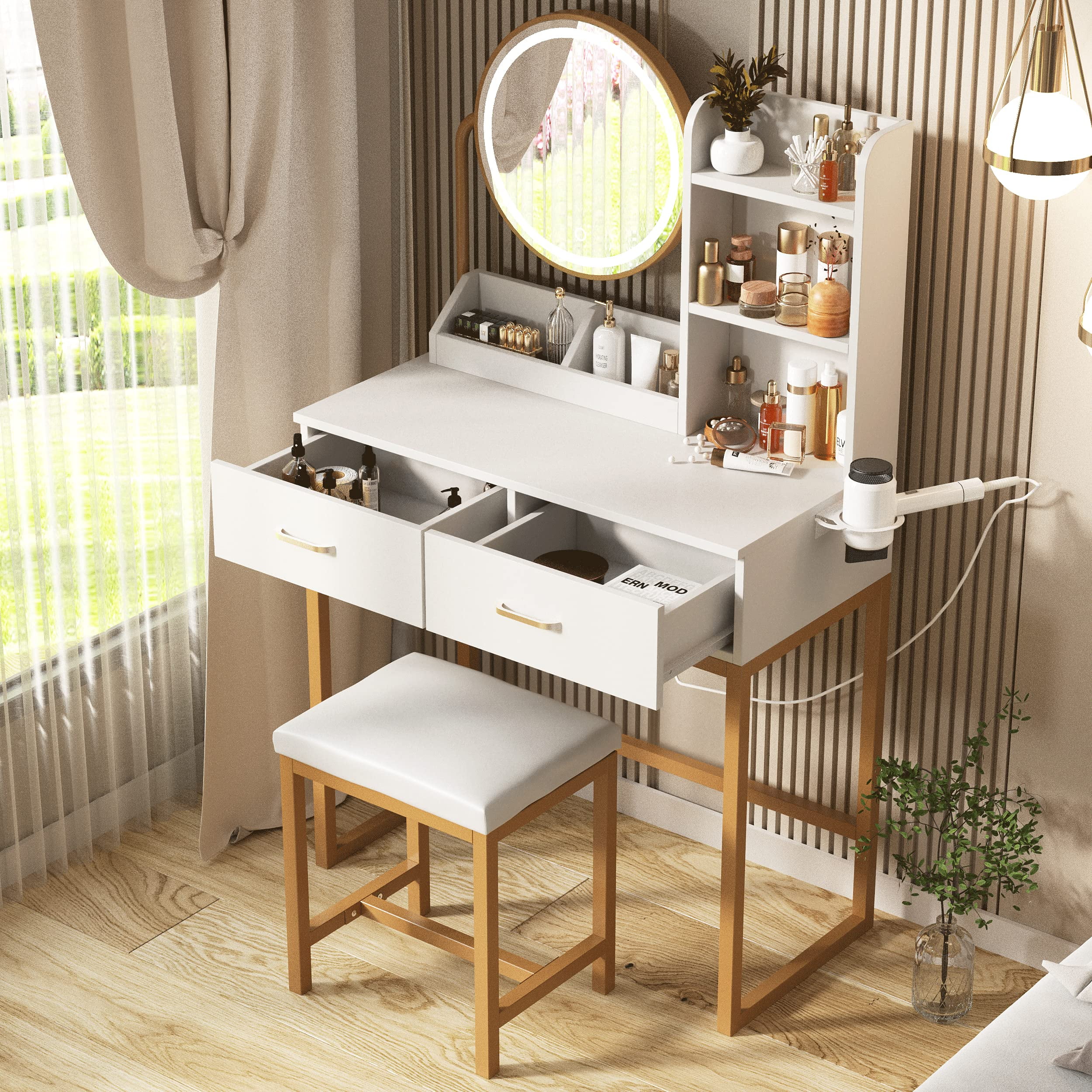 Veanerwood Makeup Vanity Desk with Lights and Round Mirror, Bedroom Vanity Dressing Table Set with Drawers, Hair Rack, Modern, 31.5in, White & Gold
