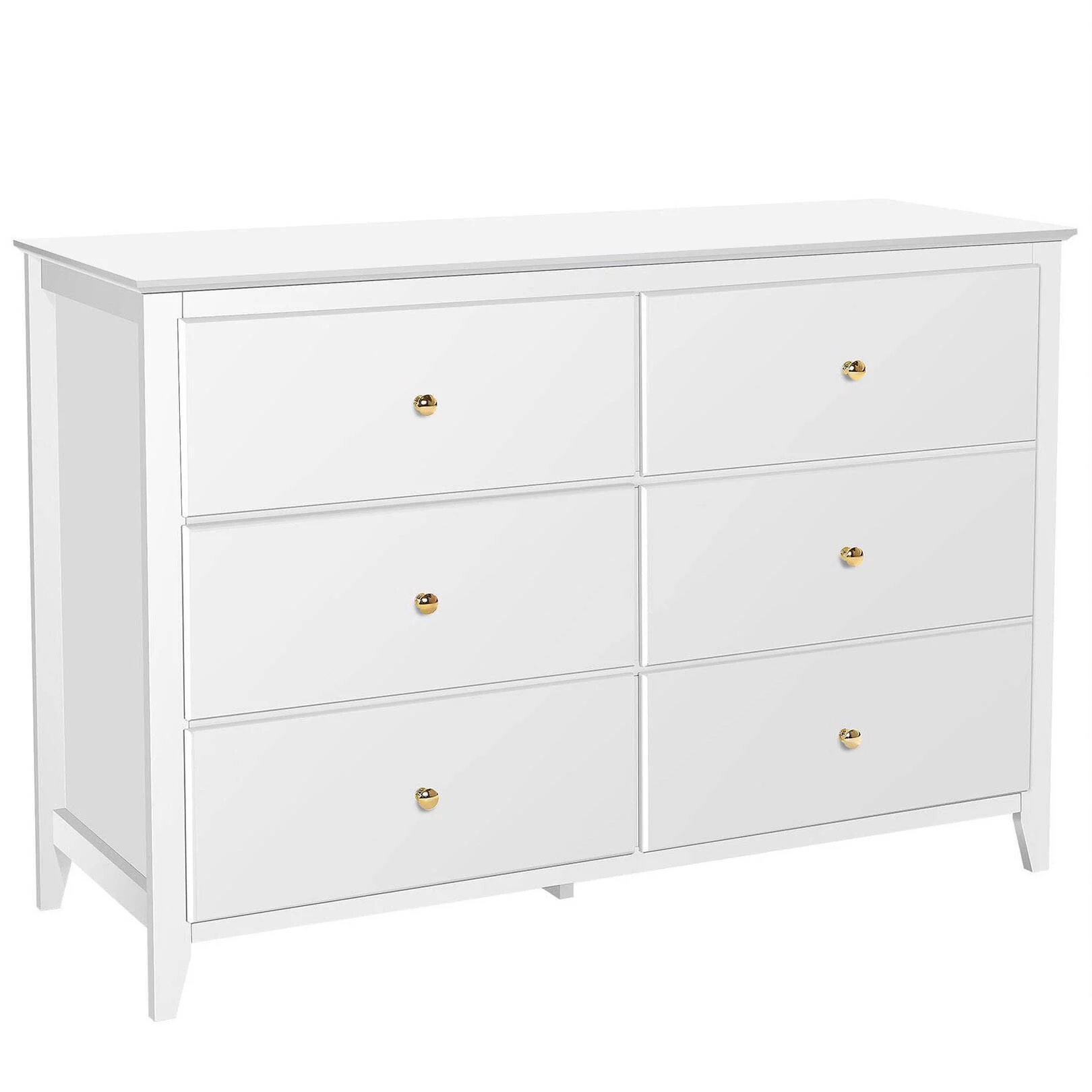 6 Drawer White Double Dresser, Modern Storage Cabinet with Easy Pull Out Gold Metal Handles for Living Room, Chest of Drawers Wood Organizer Nightstand for Bedroom