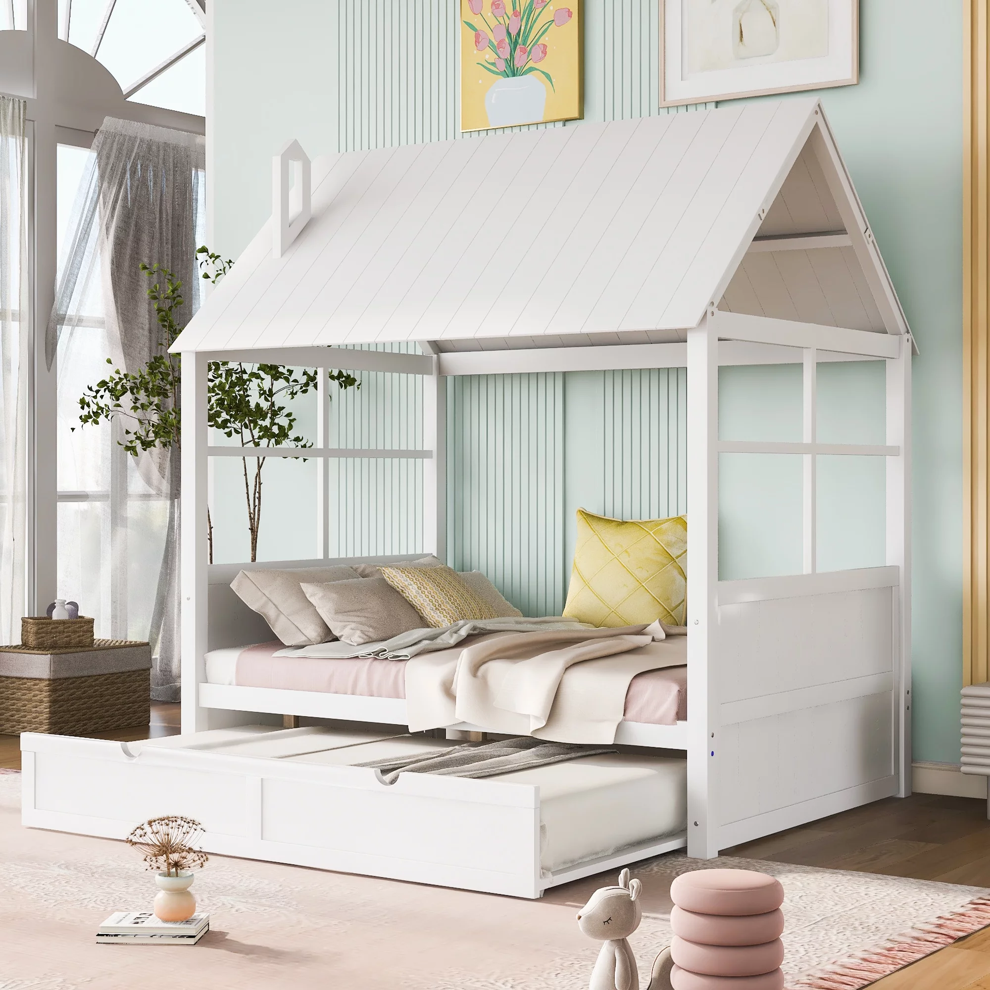 Multifunctional Kids Double Bed Full Size Log Cabin Bed with Double Size Roller Sofa Bed Frame Wooden Sofa Bed White Modern Bedroom Living Room Furniture Decor for Small Spaces