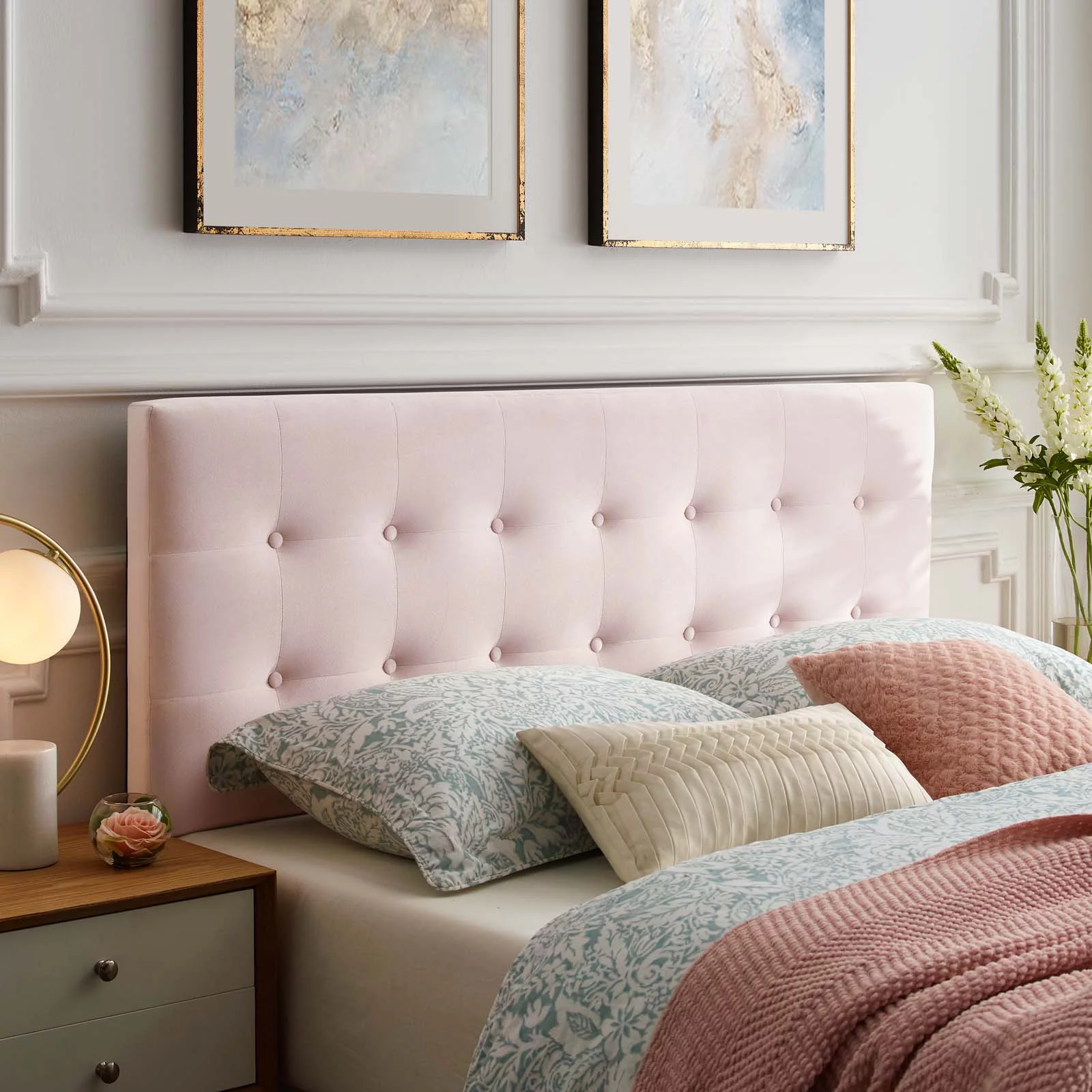 Contemporary Modern Urban Designer Bedroom Full Size Tufted Headboard, Velvet Fabric, Pink
