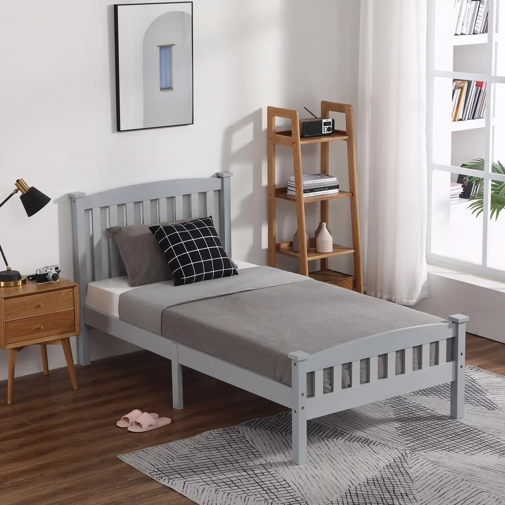 Ktaxon Twin Bed Frame,Solid Pine Wood Kids Twin Platform Bed Frame, Bedroom Twin Bed with Headboard for Adults, Gray