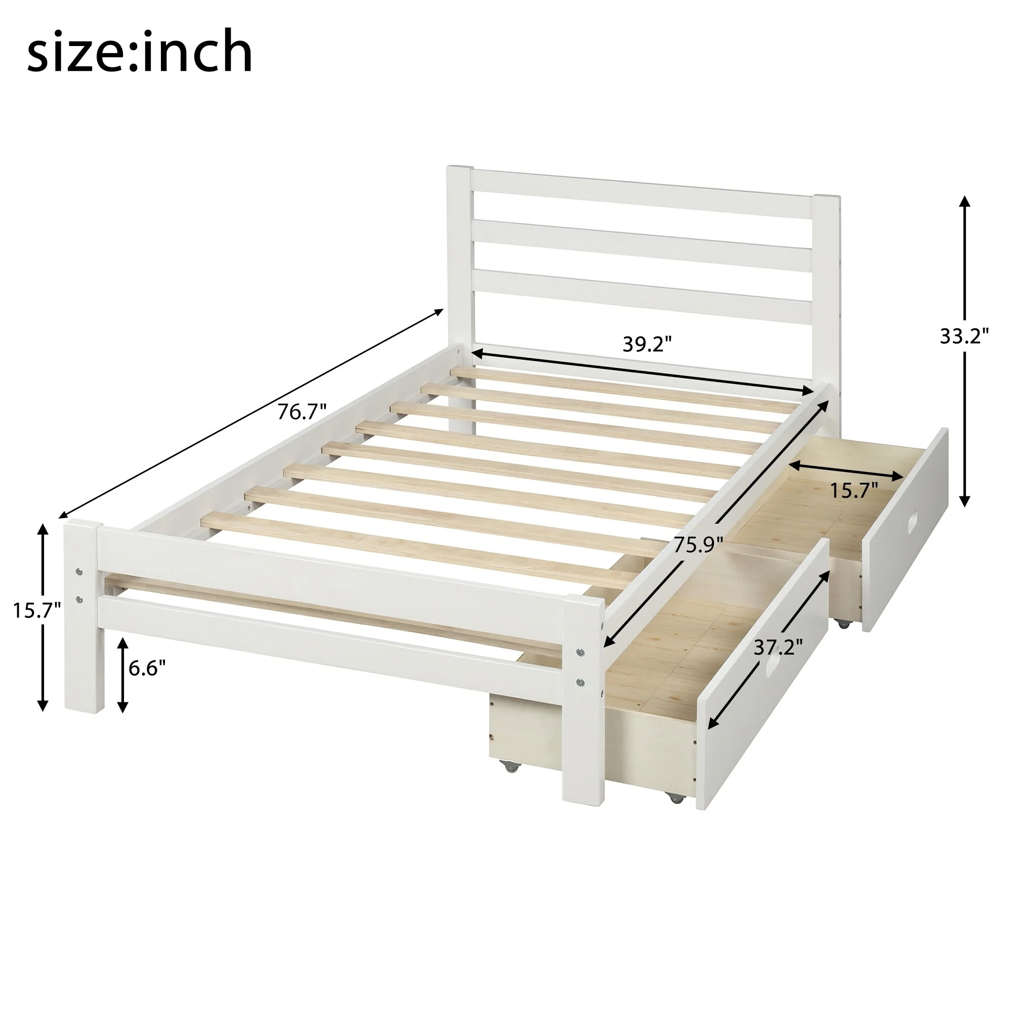 Wood Platform Bed with Two Drawers, Twin Size White
