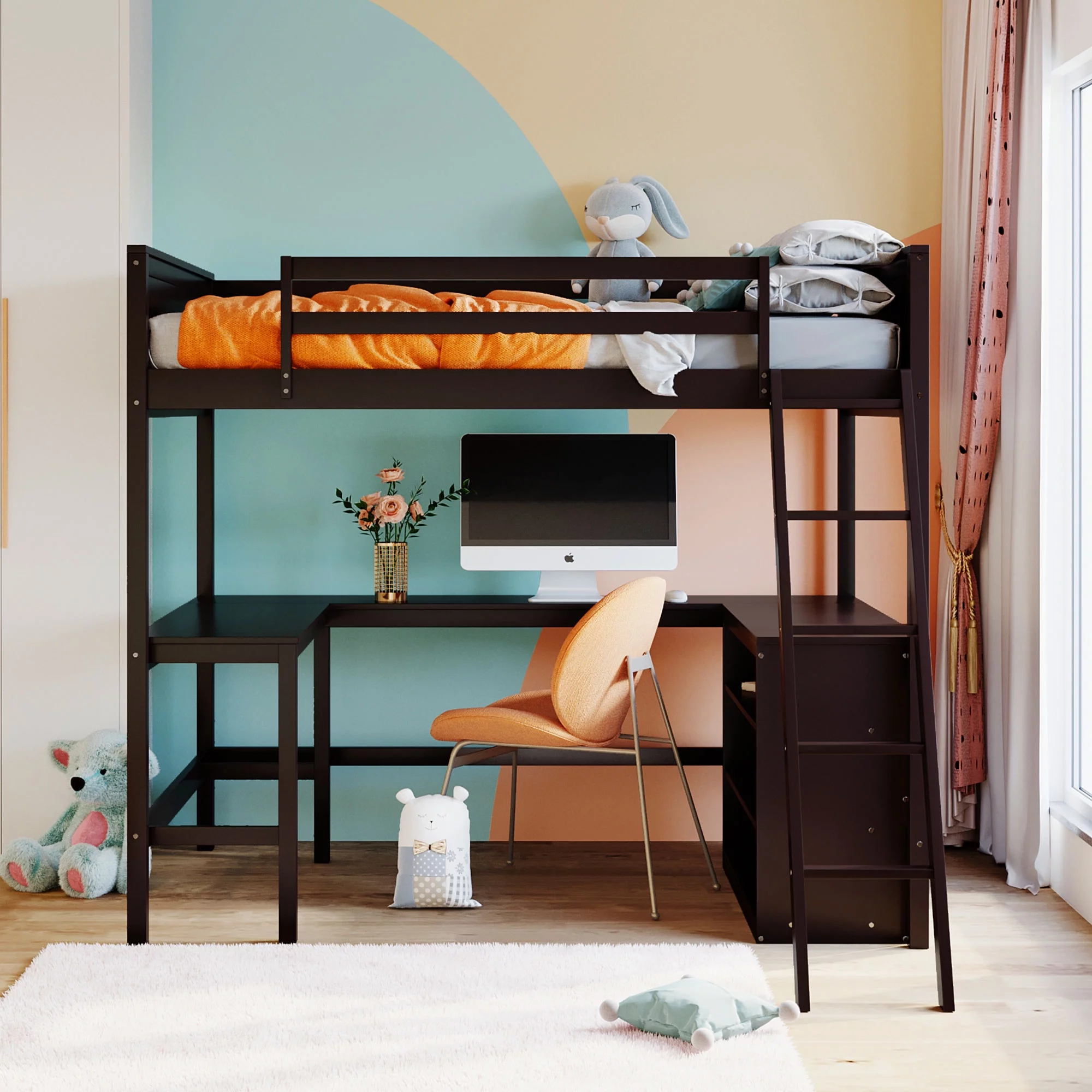 ikayaa Full size Loft Bed with Shelves and Desk, Wooden Loft Bed with Desk - Espresso