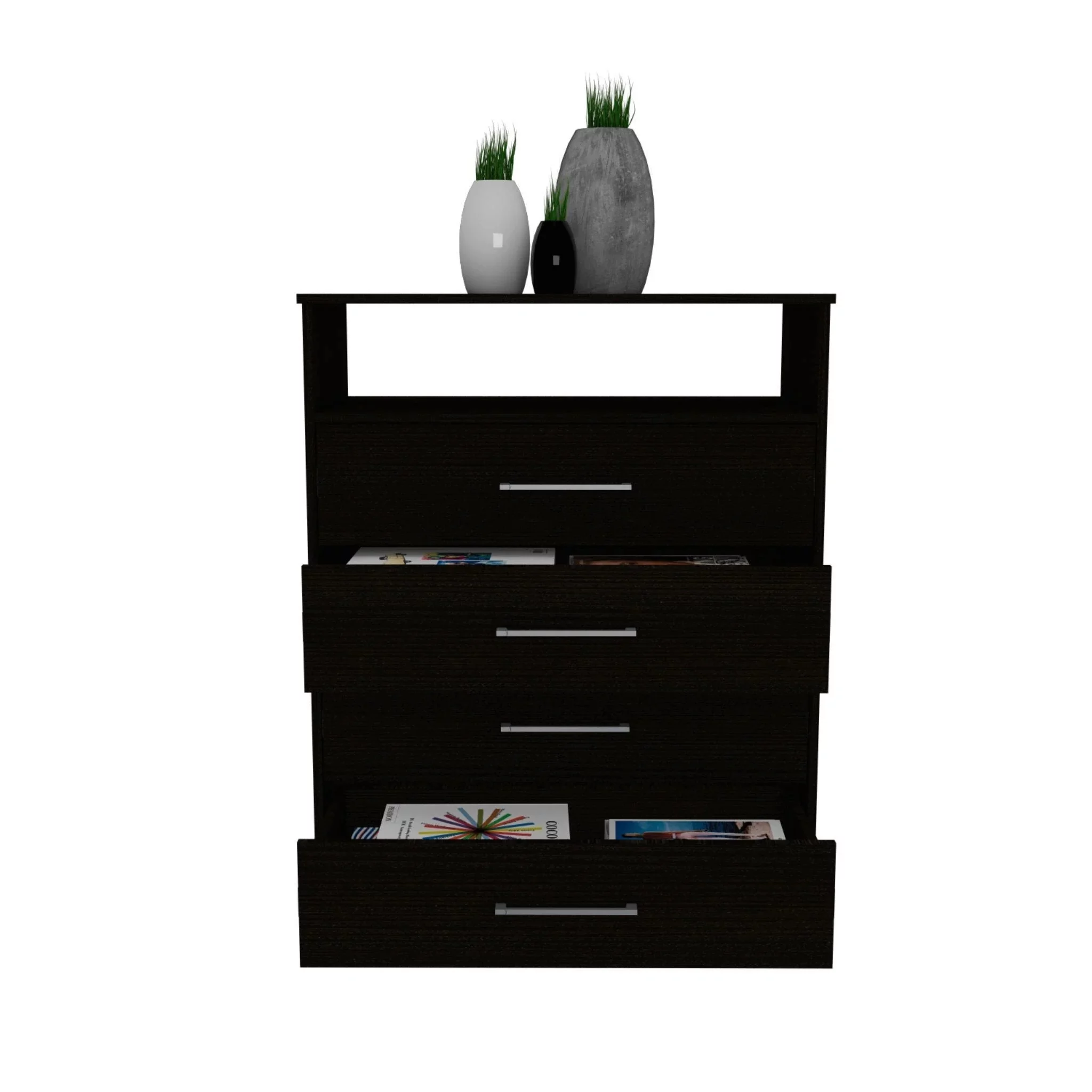 HomeRoots 403741 Modern Black Four Drawer Dresser with Hutch