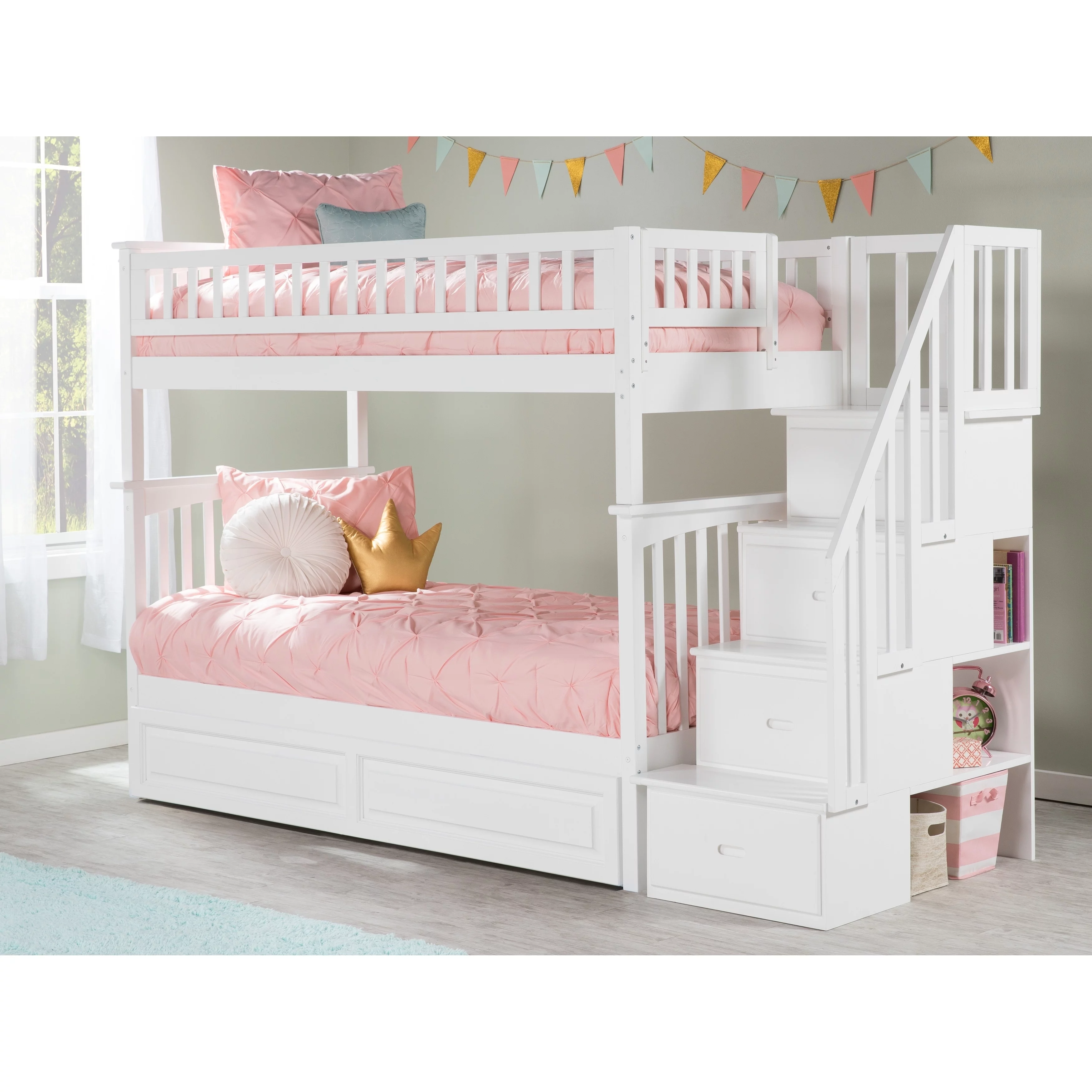 AFI Columbia Staircase Bunk Bed Twin over Twin with Twin Trundle in White