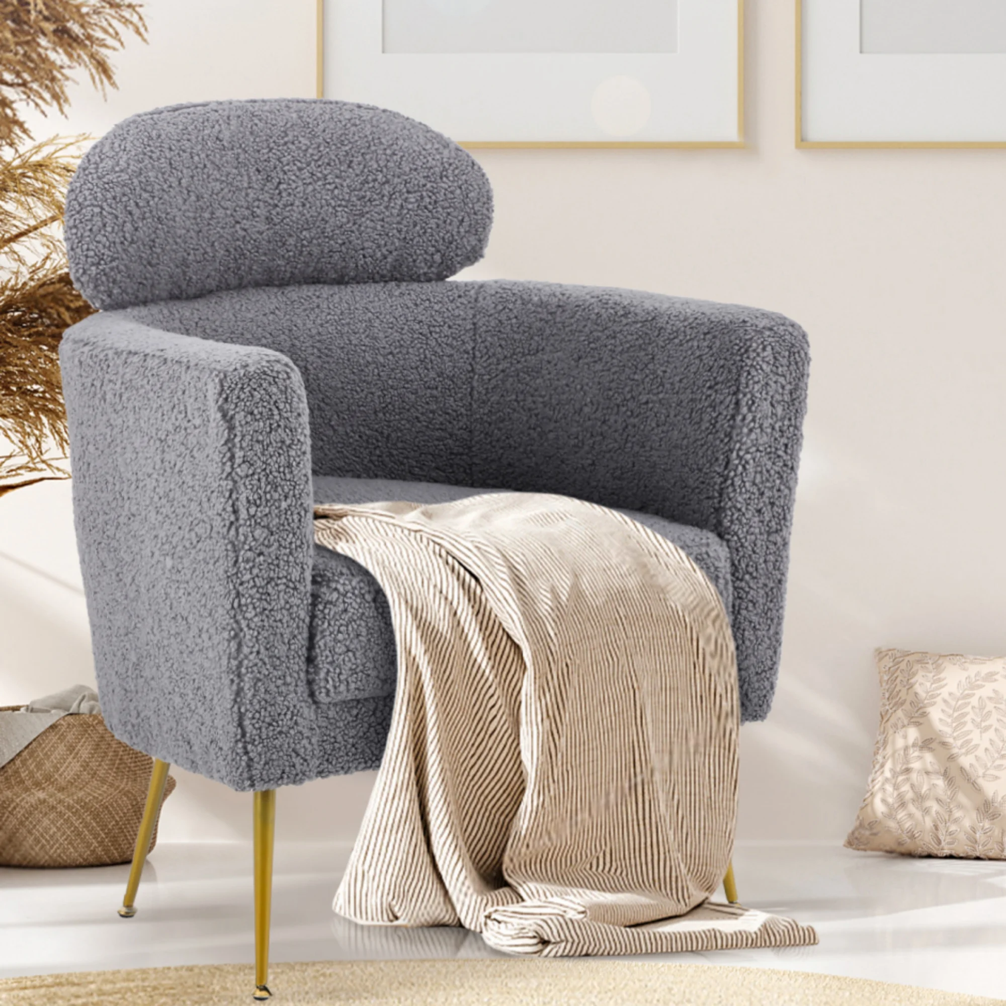 Summit Living Sherpa Accent Chair with Adjustable Headrest, Teddy Barrel Sofa for Living Room Bedroom Office, Gray
