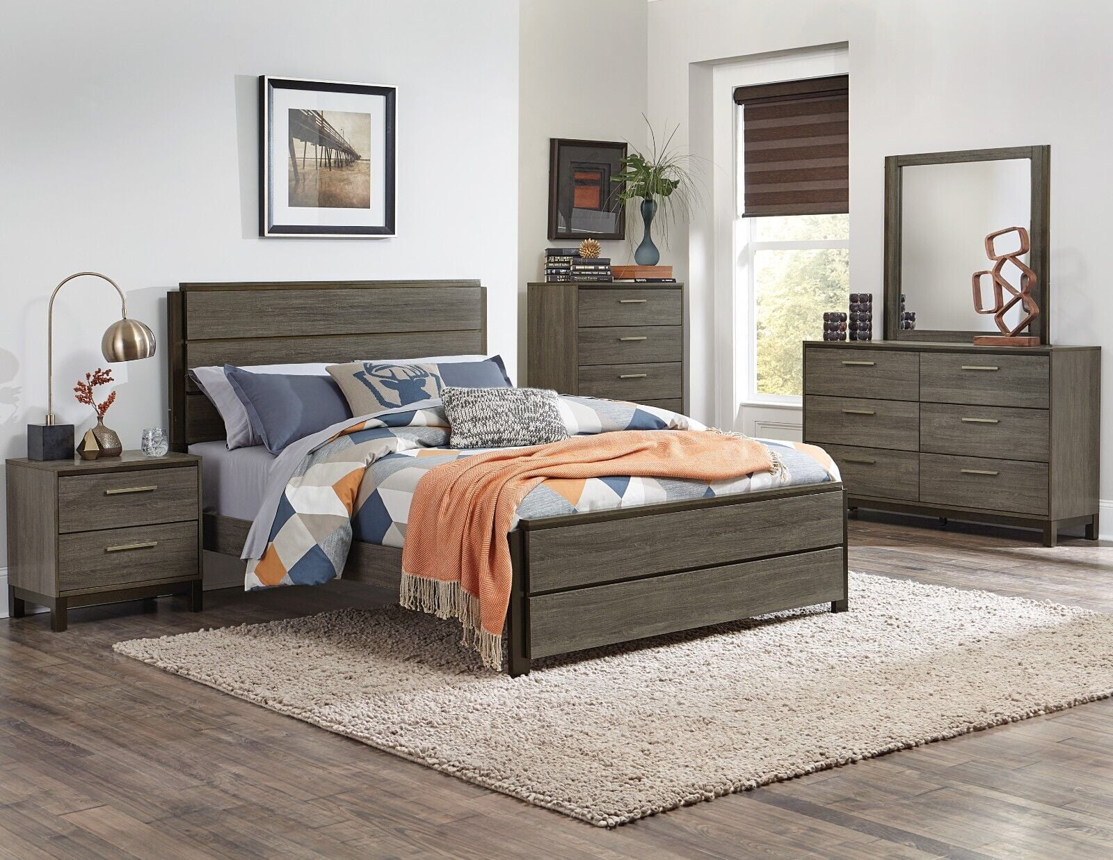 Contemporary Style Queen Bedroom Set 5pc Panel Bed 2x Nightstands Dresser Mirror Antique Gray and Dark Brown Furniture