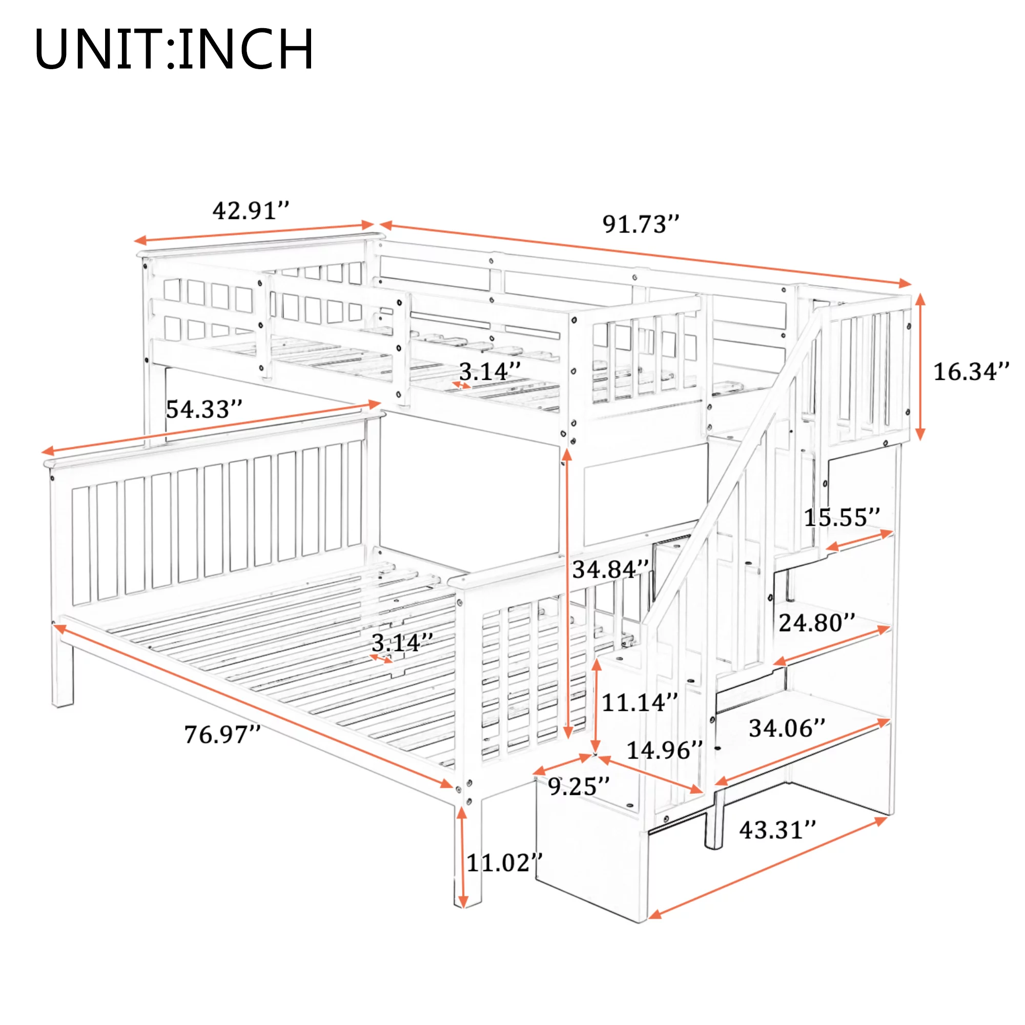 White Stairway Twin-Over-Full Bunk Bed with Storage and Guard Rail for Bedroom