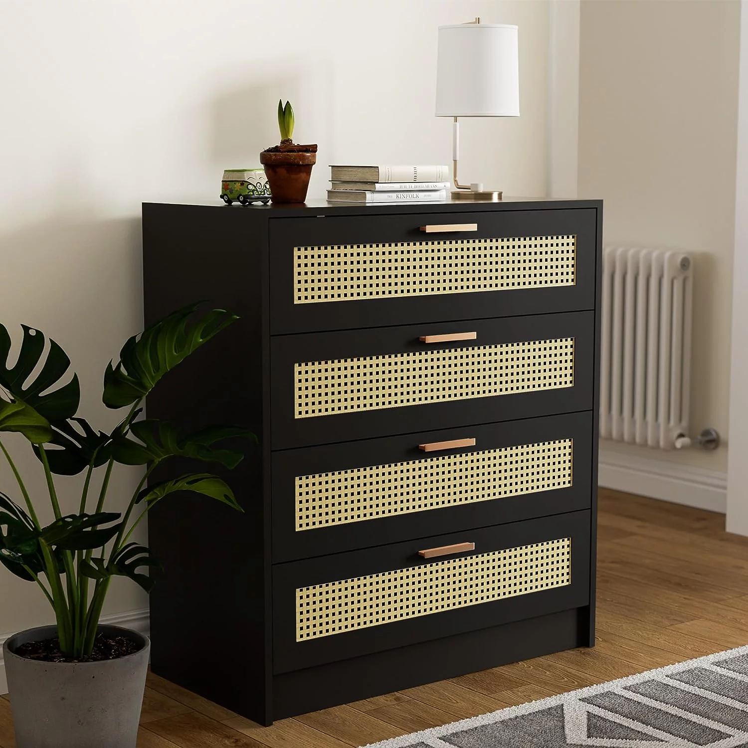 Cozy Castle Rattan 4 Drawer Dresser for Bedroom, Wooden Chest of Drawers with Metal Handles, Modern Boho Dresser for Bedroom, Living Room, Black