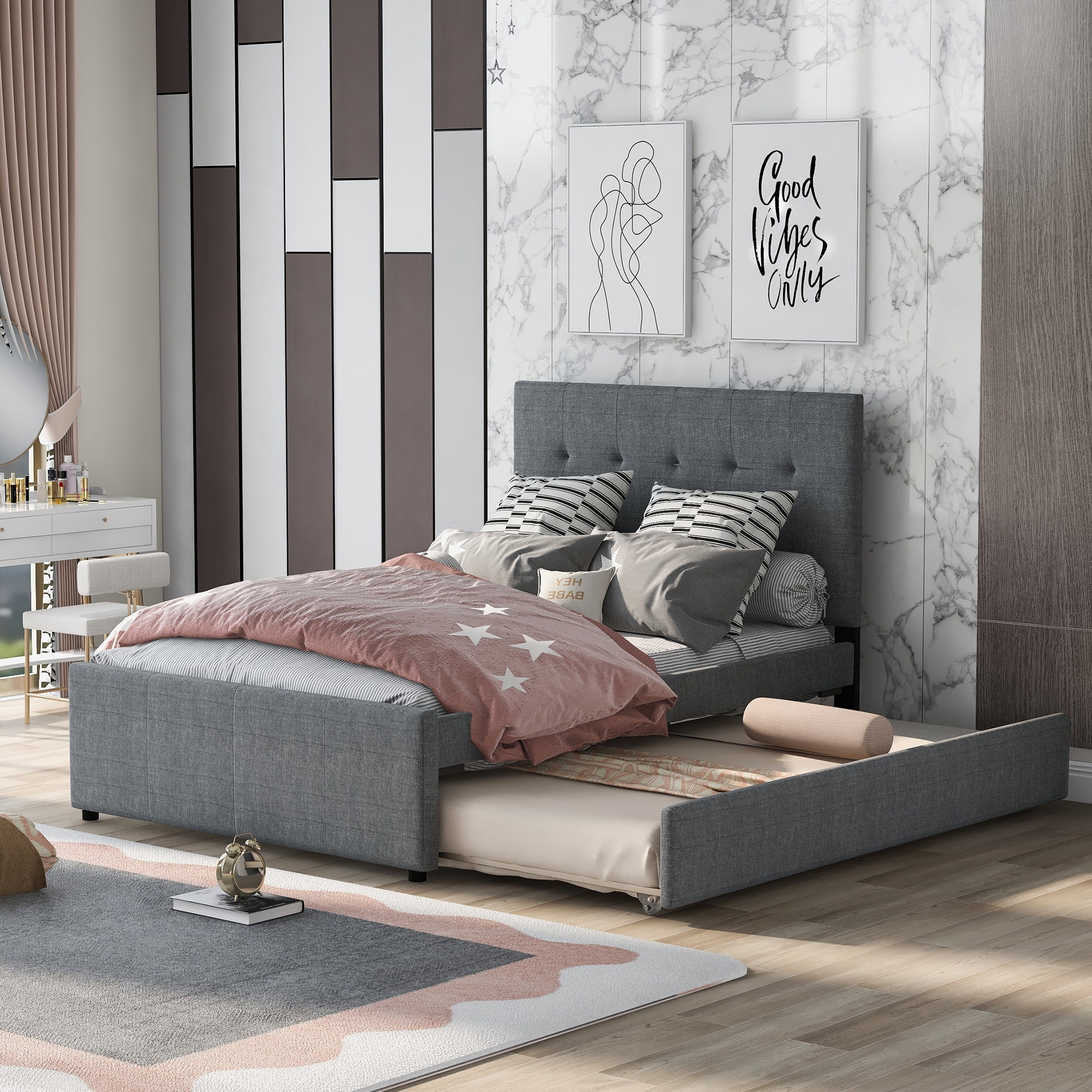 Royard Oaktree Full Size Linen Upholstered Platform Bed with Tufted Headboard Modern Storage Bed Frame with Trundle