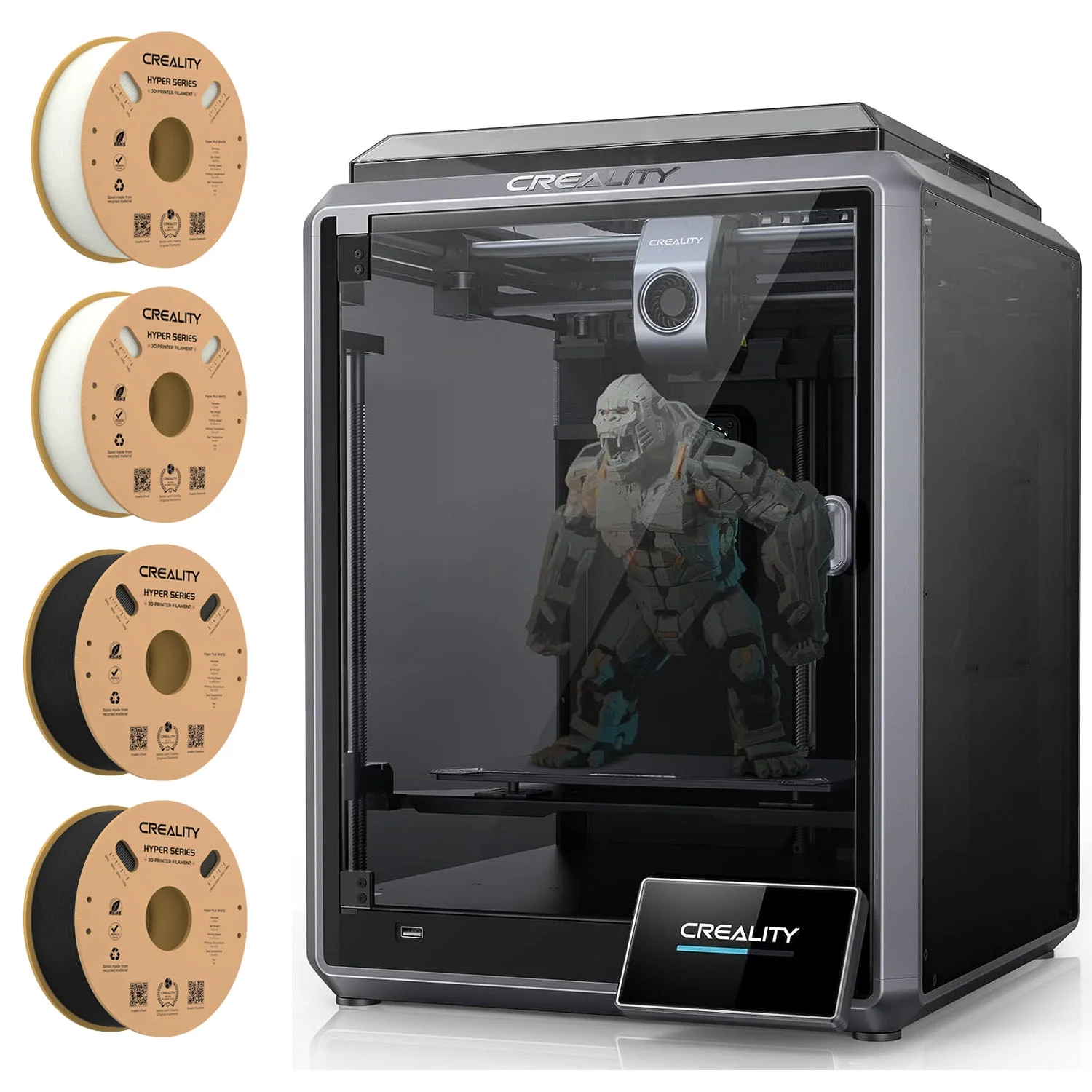 Official Creality K1 3D Printer 600mm/s High Speed Printing 20000mm/s² Acceleration Dual Cooling Fans Auto Leveling with 4 Pack Hyper PLA High-Speed Printer Filaments, Black&White