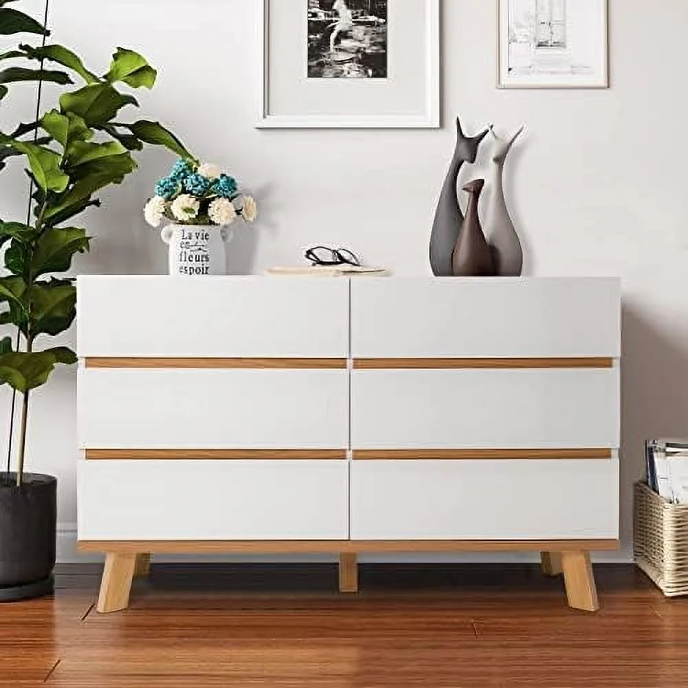 xrboomlife 6 Drawer Double Dresser for Bedroom Rattan Chest of Dressers Modern Wooden Dresser Chest Beside Table for Closet Living Room and Entryway Natural