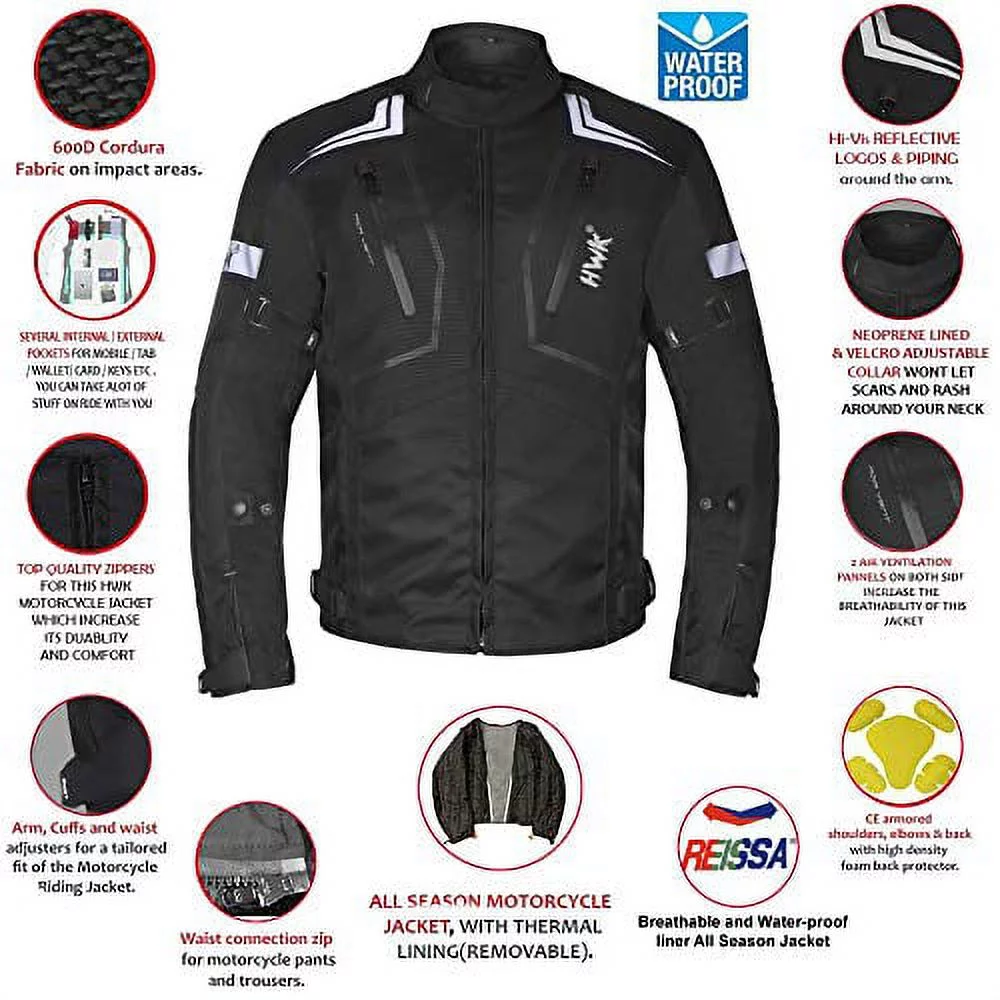 HWK Motorcycle Jacket for Men and Women Scorpion with Cordura Fabric for Enduro Motorbike Riding and Armor Foam Padding for Impact Protection, Dual Sport Motorcycle Jacket - All-Black, 2X-Large