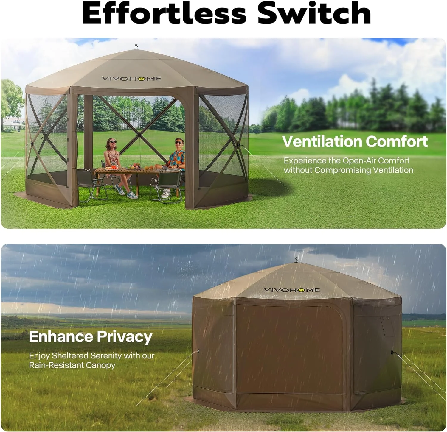 YUMIAO 12x12ft Pop-Up Gazebo Screen Tent, 6-Sided Instant Outdoor Canopy Shelter with Large Main Door, Wind Panels, and Screens for Outdoor Parties, Camping, Lawn and Backyard