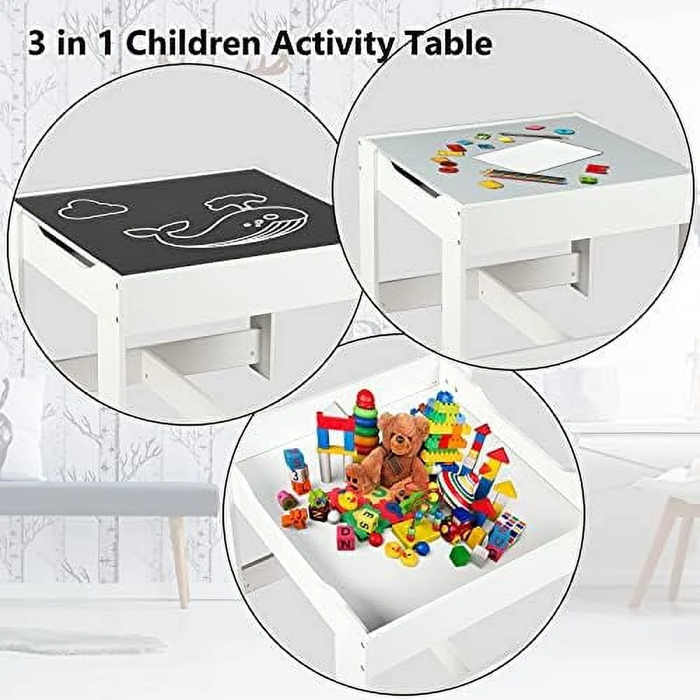 ZWNLKQG Wood Table & 2 Chairs Set 3 in 1 Children Activity w/ Removable Tabletop Blackboard 3-Piece Toddler for Art Crafts Drawing Reading Playroom Natural