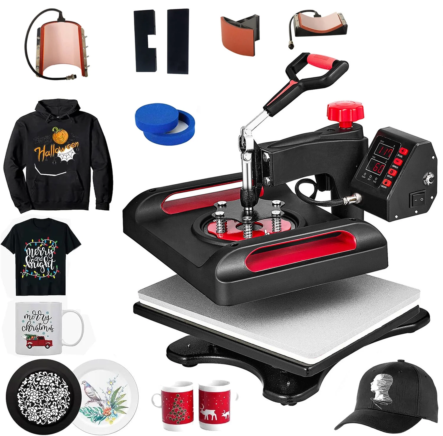 Red Heat Press Machine 5 in 1, 15 x 15 Inches Sublimation Transfer Printer, Digital Precise LCD Control Printing, 360 Swing Away Vinyl Transfer Printer for T-Shirts, Canvas Bag, Pillow, Banner