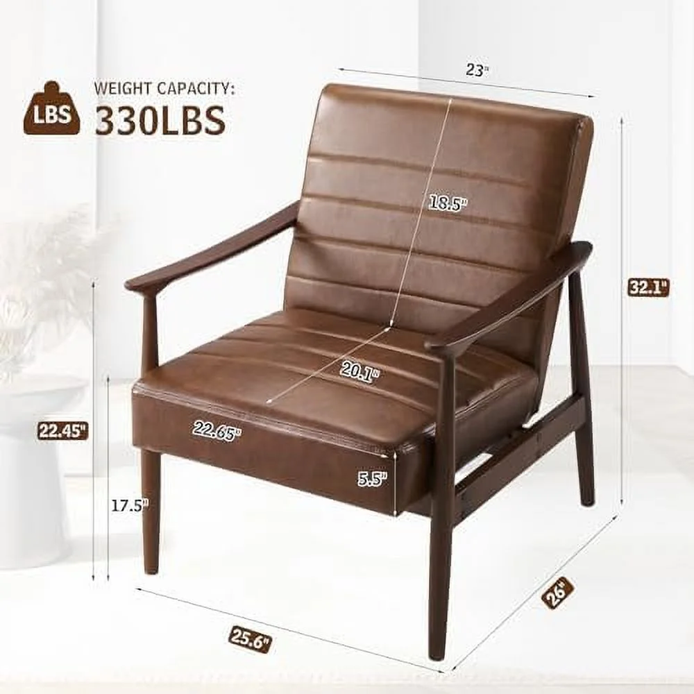 MQLIFEBOOM Mid-Century Modern Wood Frame Armchair PU Leather Accent Chair with Solid Wood Legs Upholstered Comfy Retro Leisure Chair Reading Chair for Living Room (Brown)