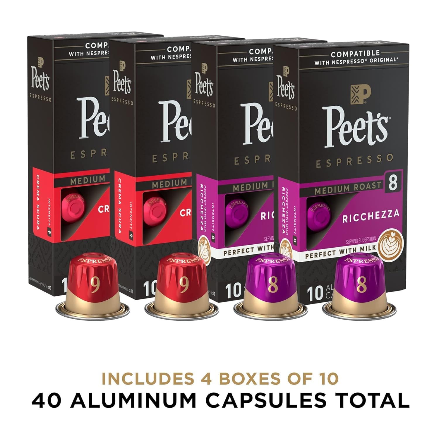 Bundle Of Peet,S Coffee Espresso Coffee Pods, Dark Roast Variety Pack Intensity 10-11, 40 Count (4 Boxes Of 10 Pods) + Medium Roast Variety Pack Intensity 8-9, 40 Count (4 Boxes Of 10 Capsules)