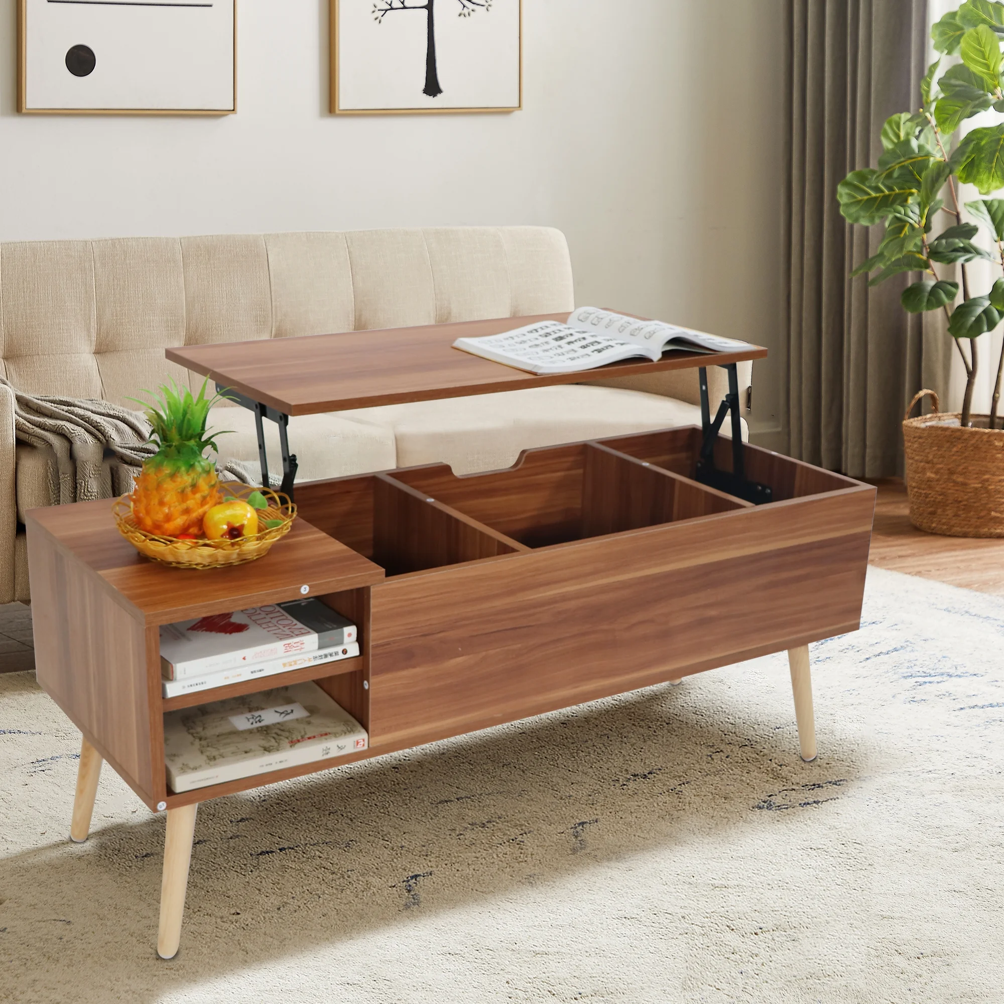 Smilegend Solid Wood Lift-Top Coffee Table with Hidden Compartment and Storage Shelf - Accent Furniture Easy Assembly and Stable Design