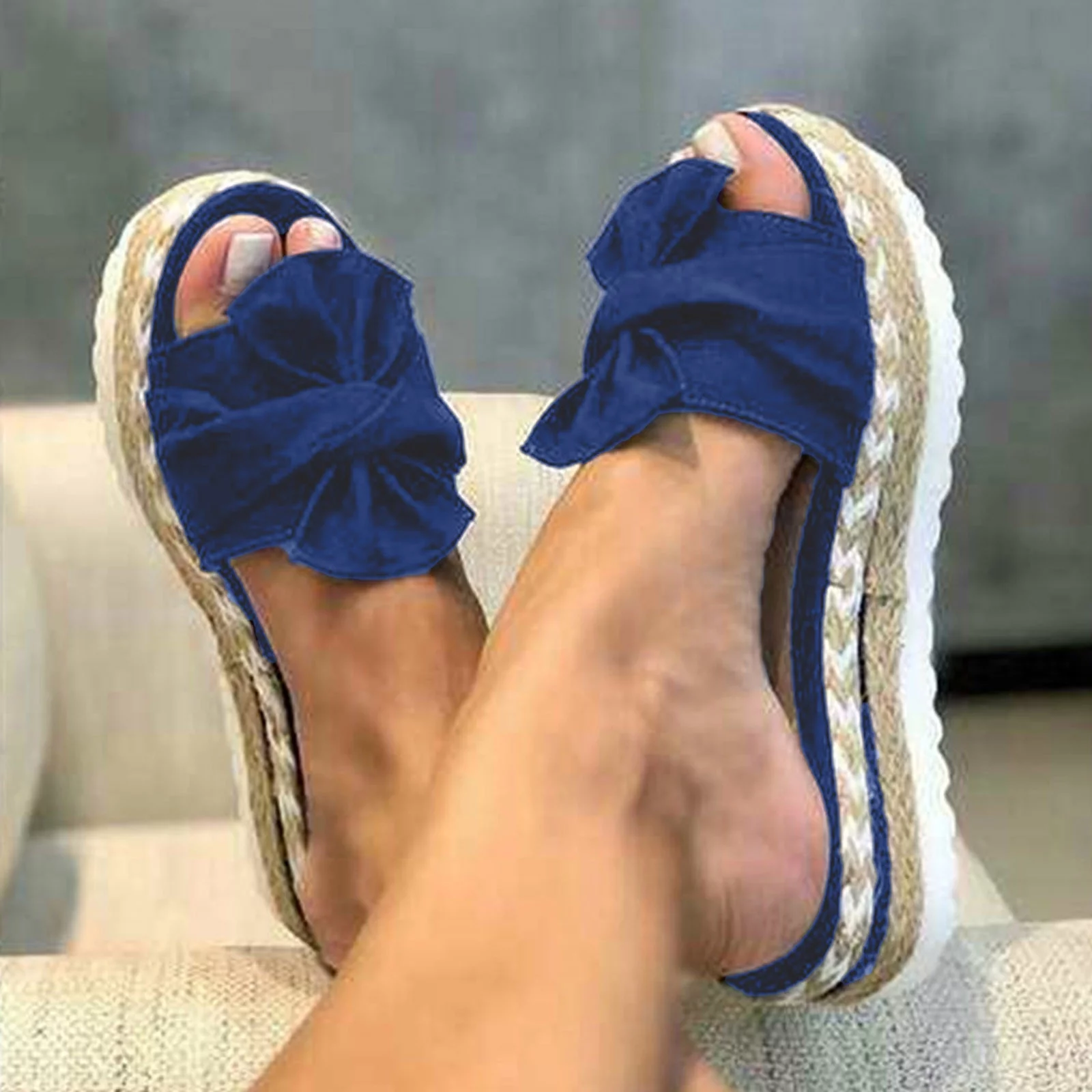 LoyisViDion Womens Sandals Clearance Women Bowknot Beach Summer Slippers Platform Slope Heels Plus Size Shoes Blue 9.5-10(42)