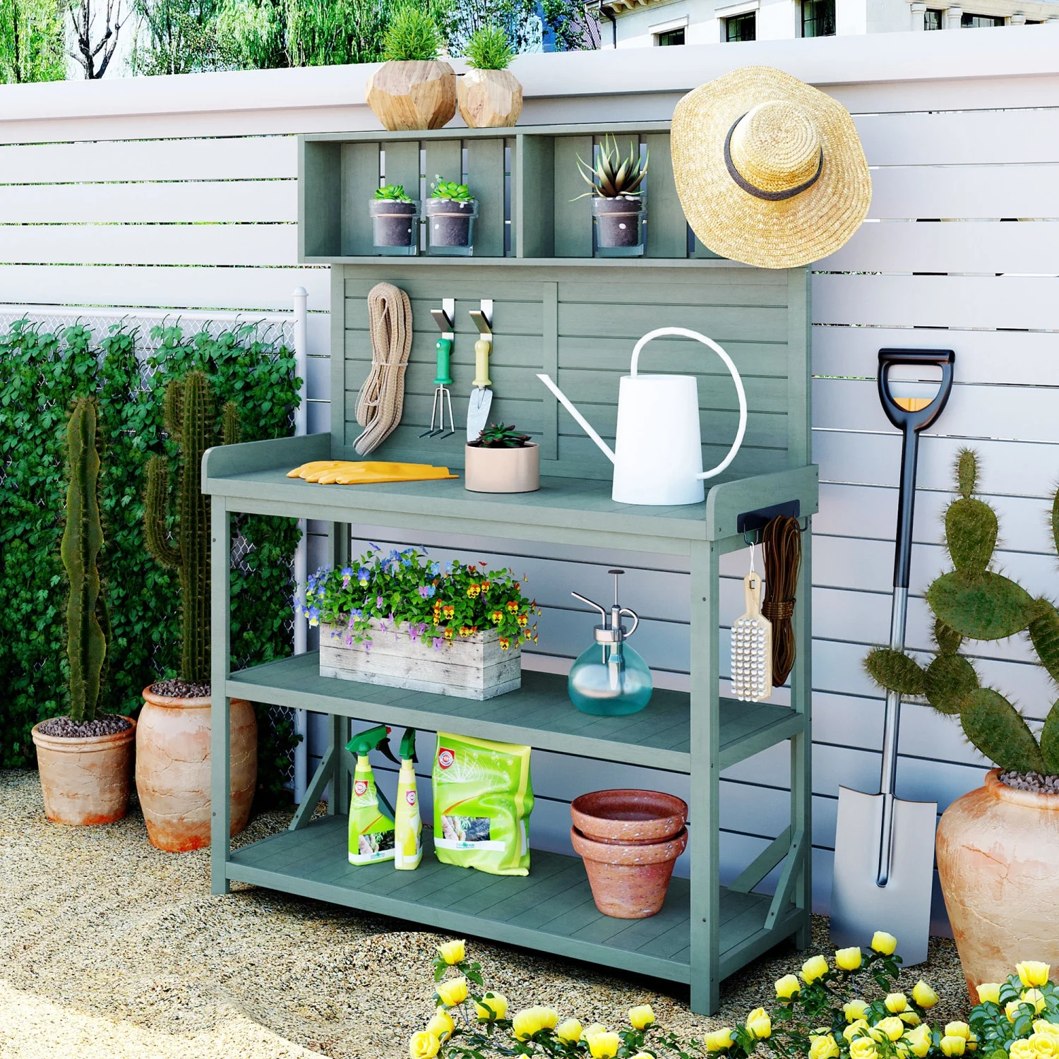Large Green TOPMAX Rustic Outdoor Farmhouse Potting Bench Table with 4 Storage Shelves 65” Patio Workstation and Side Hook - Perfect for Garden Enthusiasts