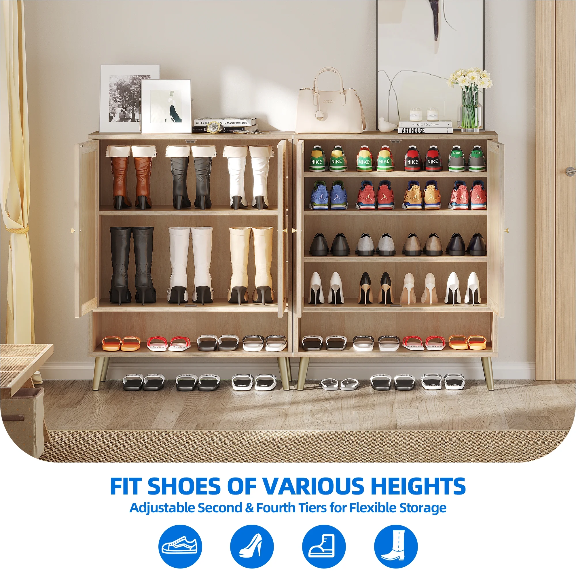 Dextrus Modern Shoe Cabinet with Rattan Door, 5 Tier Shoe Storage Cabinet with Adjustable Shelves, Free-Standing Wooden Shoe Rack Organizer Cabinet for Entryway Hallway Bedroom Living Room