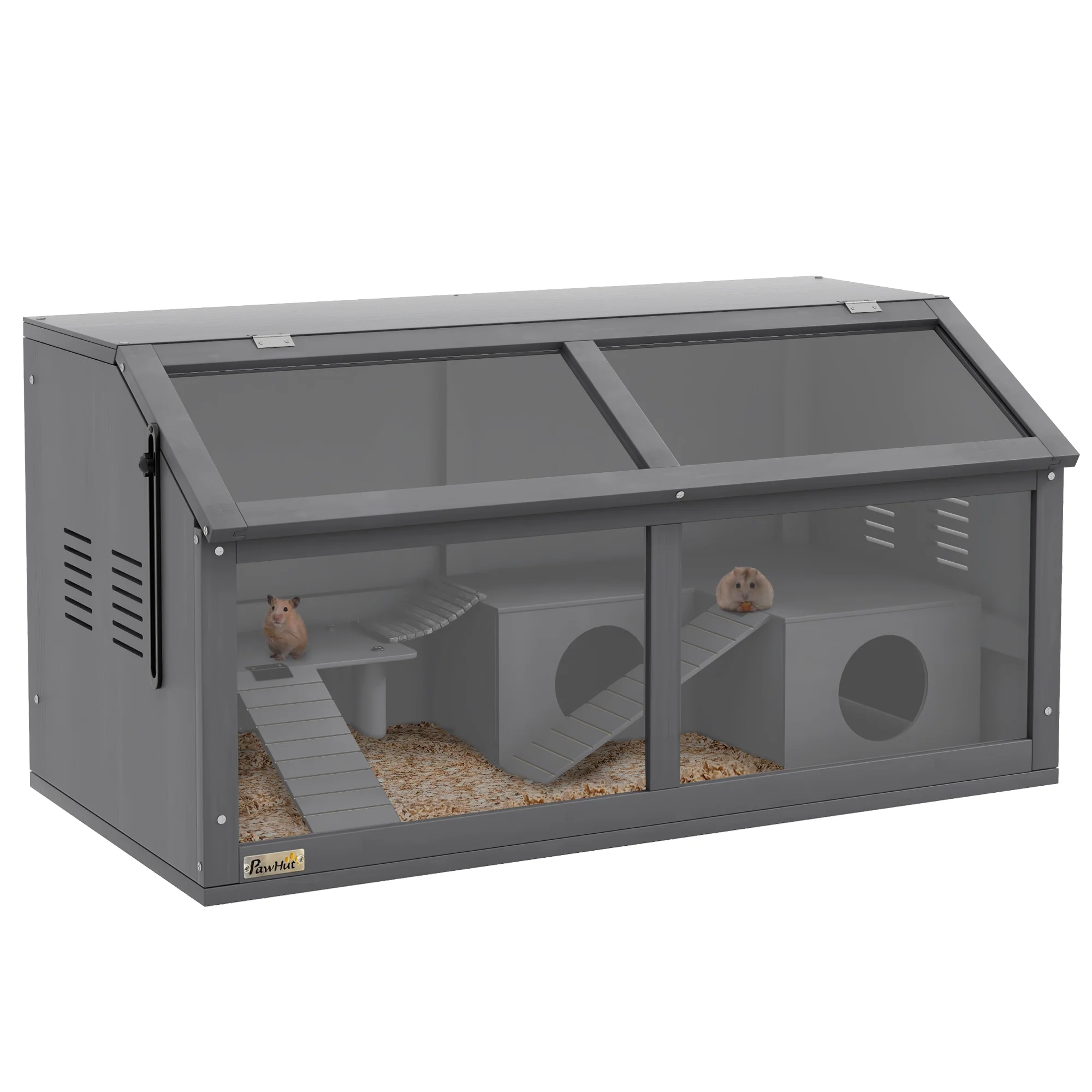 PawHut Wooden Hamster Cage W/ Suspension Bridge, Openable Top