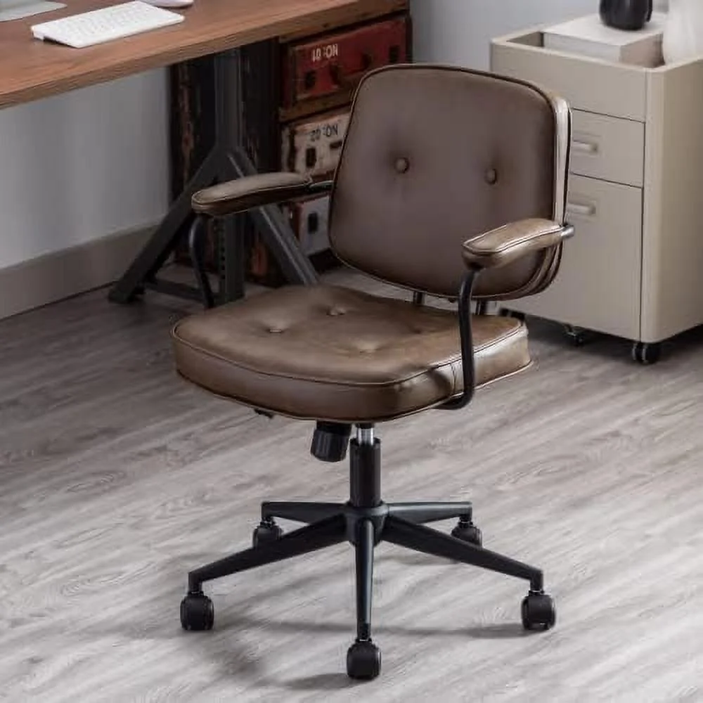 HYHBIBOOM Home Office Chair Vintage Linen Fabric Armless Desk Chair with Rattan Backrest and Wheels Swivel Vanity Chair for Bedroom Beige