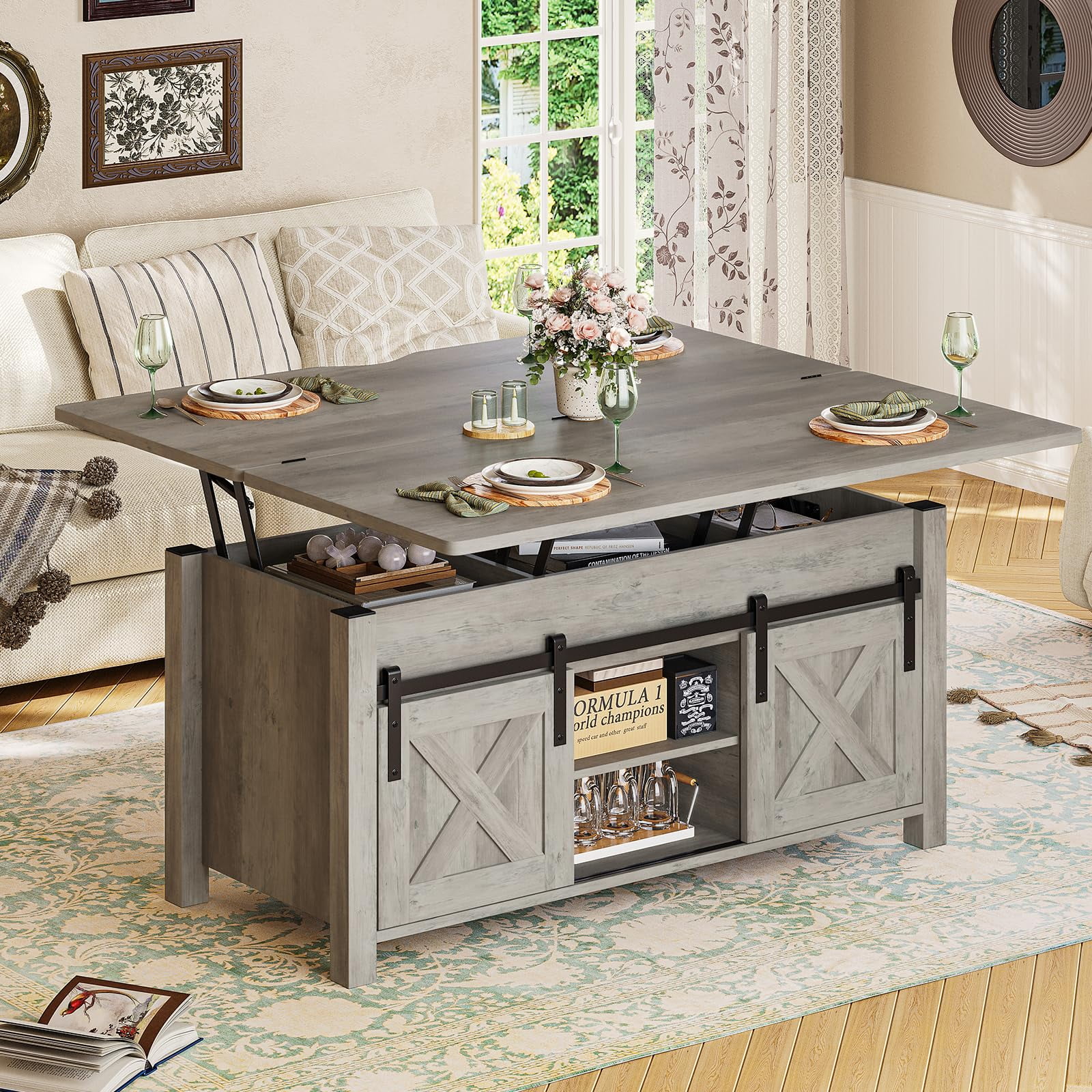 Lift Top Coffee Table with Storage,4 in 1 Multi-Function Convertible Coffee Tables with Hidden Storage Compartment, Farmhouse Dining Table for Living Room, Grey