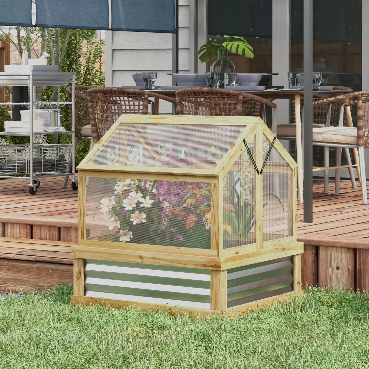 DremFaryoyo Raised Garden Bed with Polycarbonate Greenhouse Garden Wooden Cold Frame Greenhouse Flower Planter Protection Peak Roof 35.5” x 31.5” x 36” Natural