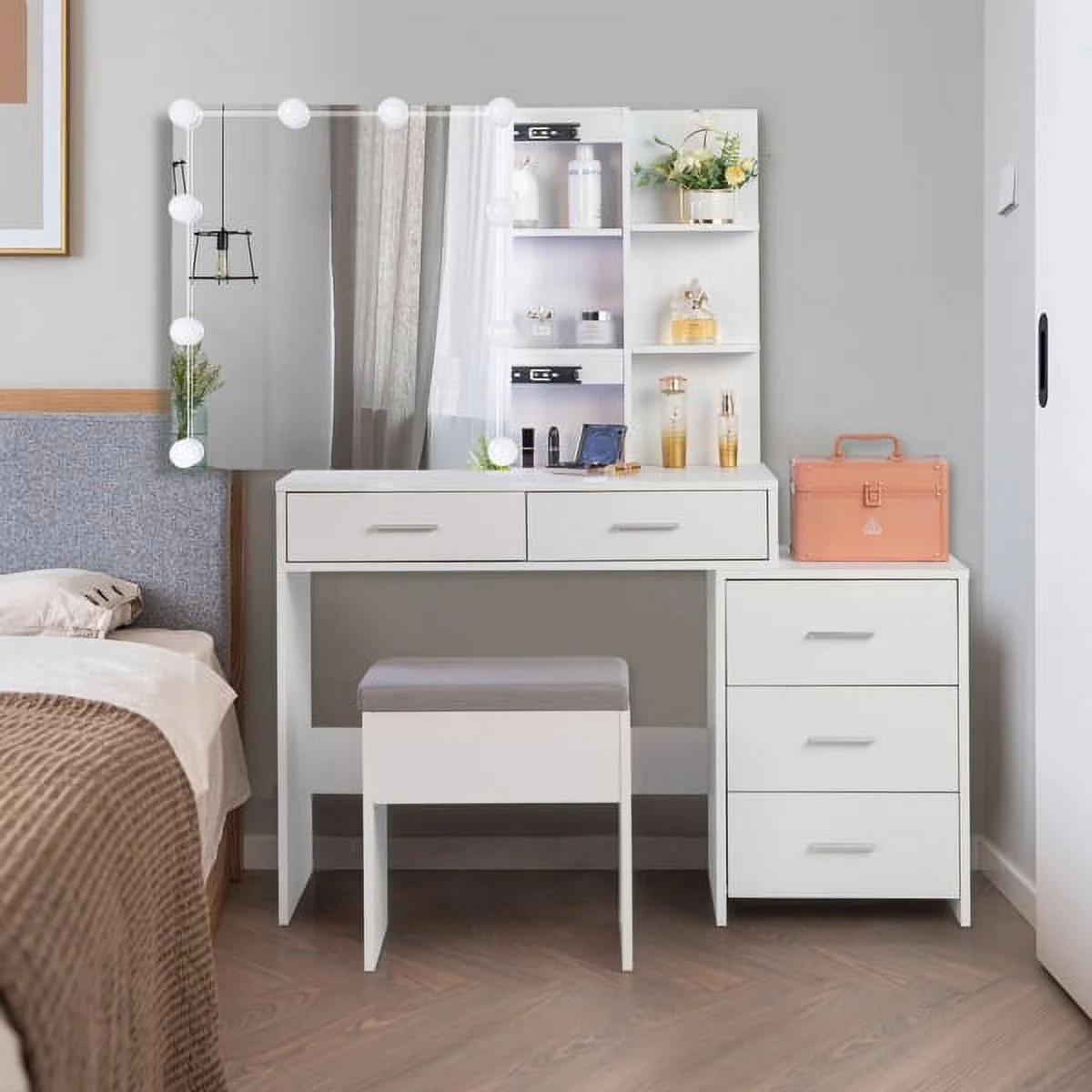 SYTHERS Makeup Desk, Vanity Set Dressing Table with 3 Color Touch Screen Dimming Mirror and Cushion Stool and 2 Shelves Mirror Cabinet for Adult Girls, White