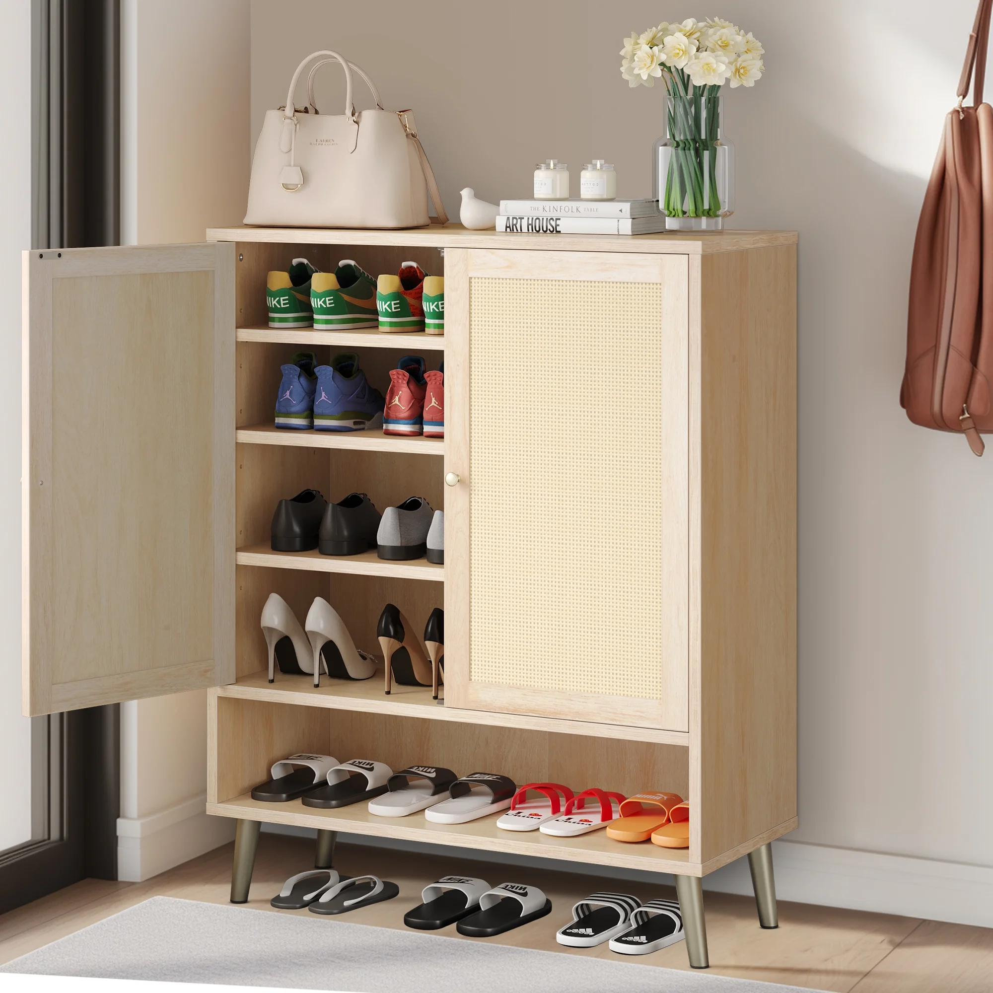 Dextrus Modern Shoe Cabinet with Rattan Door, 5 Tier Shoe Storage Cabinet with Adjustable Shelves, Free-Standing Wooden Shoe Rack Organizer Cabinet for Entryway Hallway Bedroom Living Room
