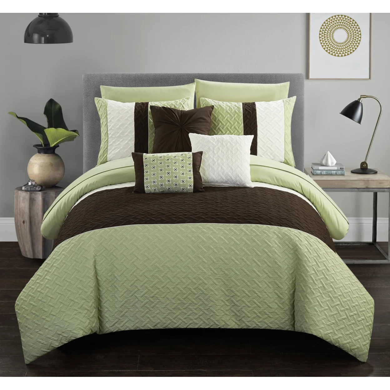 Chic Home Shaila 10 or 8 Piece Comforter Set Color Block Quilted Embroidered Design Bed in a Bag Bedding