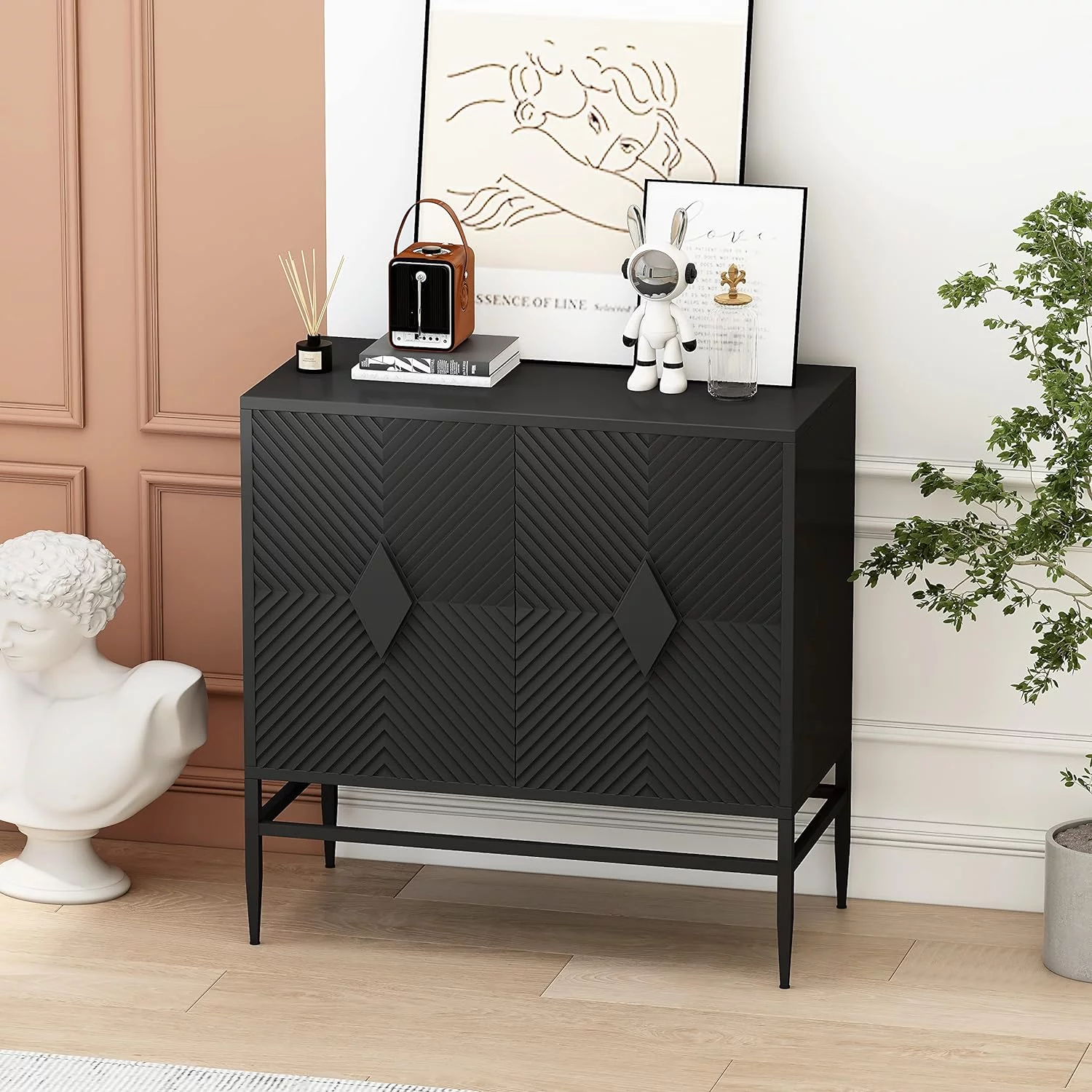 Accent Storage Cabinet Buffet Cabinet With 2 Doors, Featuring Two-Tier Storage, Metal Base, Sideboard Wooden Cabinet For Living Room, Study And Entryway (Black)