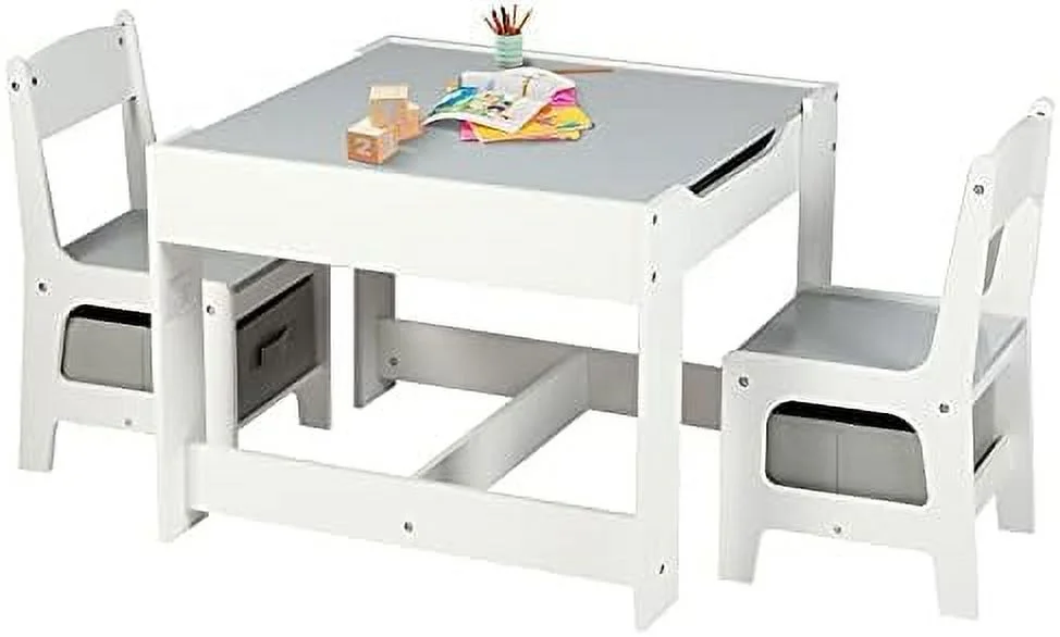 ZWNLKQG Wood Table & 2 Chairs Set 3 in 1 Children Activity w/ Removable Tabletop Blackboard 3-Piece Toddler for Art Crafts Drawing Reading Playroom Natural