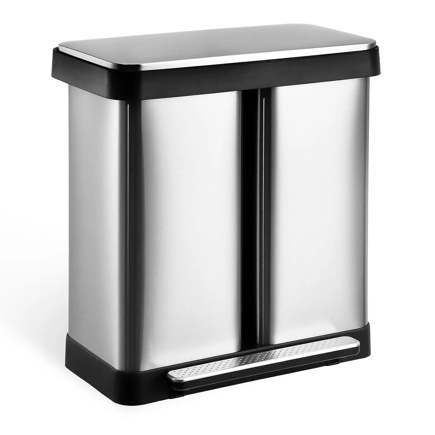 Homhougo—16 Gallon Stainless Steel Dual Trash Can, Two Compartment Trash Can with Recycling Bin Combo, Double Garbage Cans for Kitchen, 2 X 8 Gallons, Silver